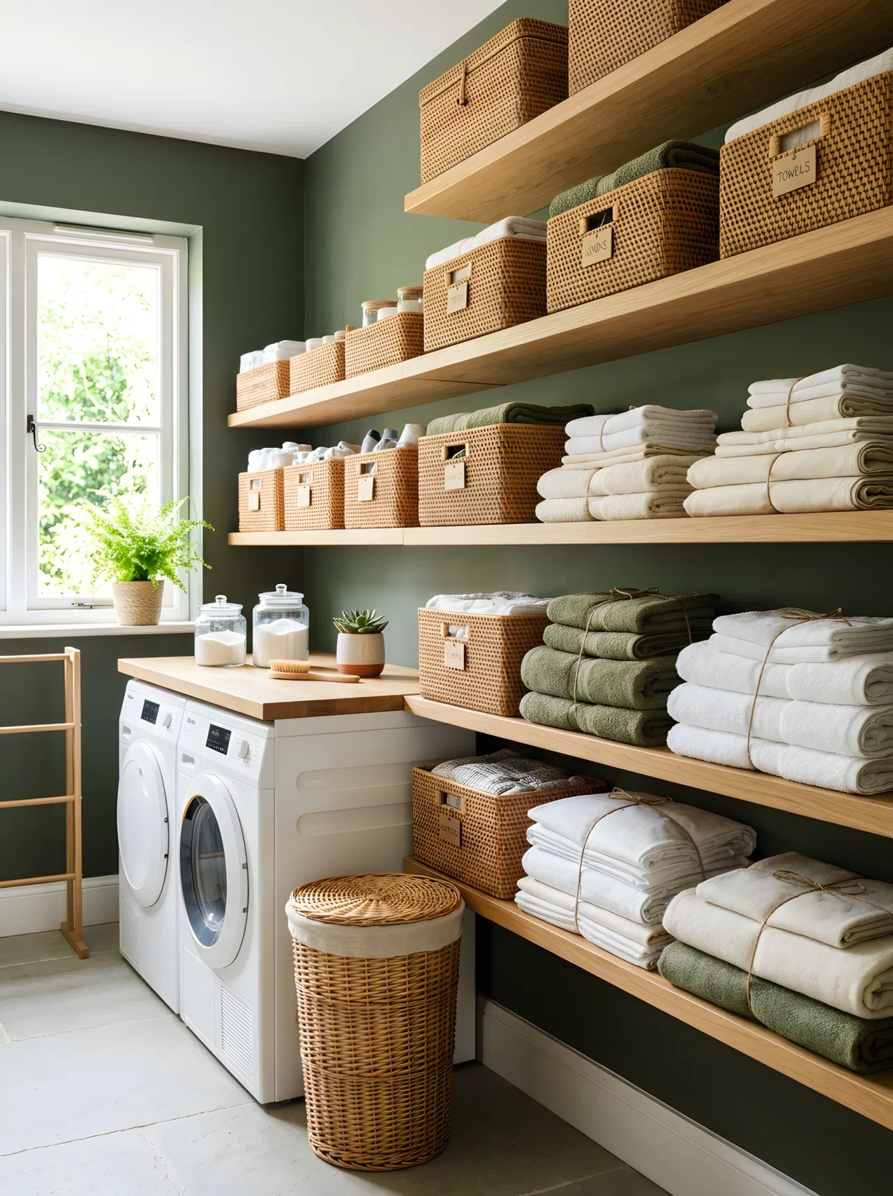 A real-life laundry room with dark sage green walls (#3D4A34) and rattan storage baskets neatly stacked on open wood shelving, folded linens beautifully arranged nearby, bright natural light, clean vibrant stock-photo style.