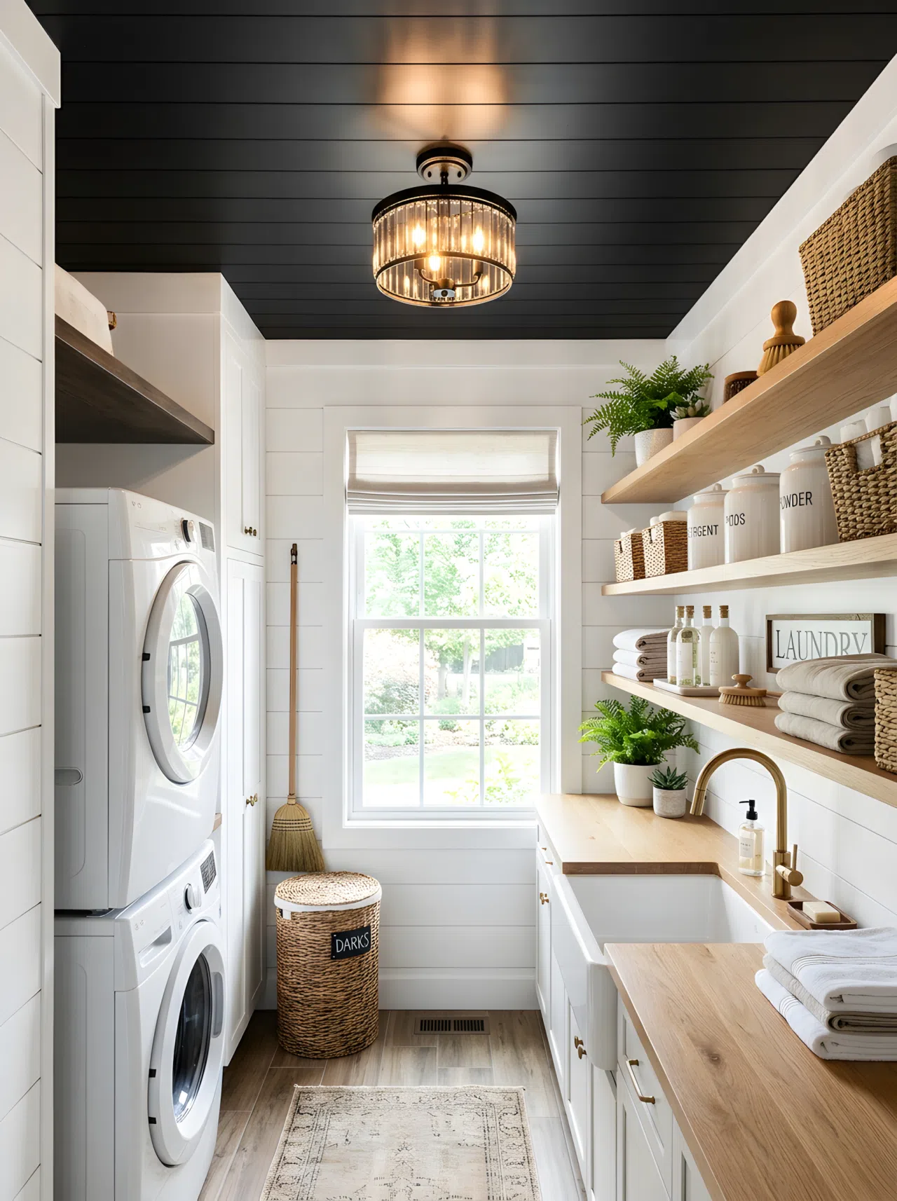 A real-life laundry room with a black shiplap ceiling (#1A1A1A) and a small statement chandelier centered above, casting even warm light throughout the room, neatly organized shelves beautifully arranged, bright natural light, clean vibrant stock-photo style.