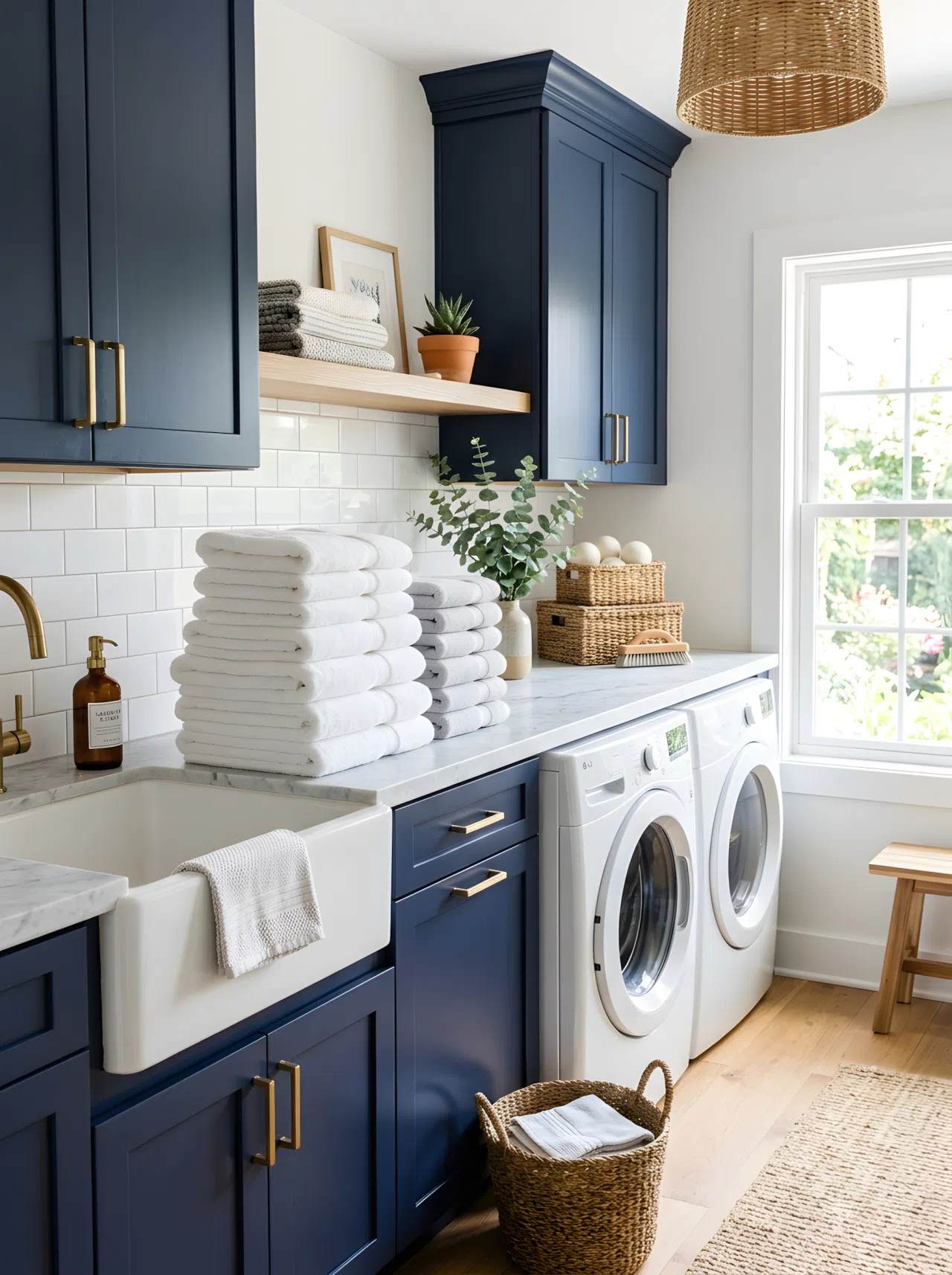 A real-life laundry room with deep indigo cabinets (#26314F) and a light marble countertop, neatly folded towels beautifully arranged on the counter, bright natural light, clean vibrant stock-photo style.