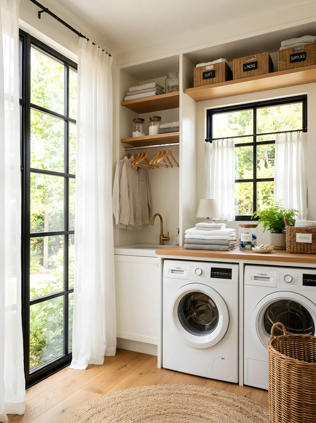 A real-life laundry room with black grid windows and sheer white curtains softening the natural daylight, neatly organized folding station beautifully arranged nearby, bright natural light filtering through, clean vibrant stock-photo style.