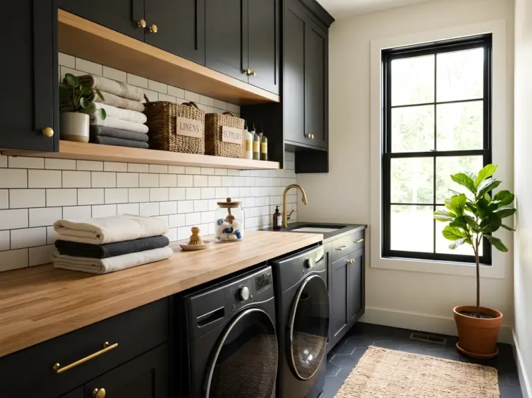 A real-life laundry room featuring dark color laundry room design, matte charcoal cabinets (#2E2E2E) with brass hardware, an open shelf neatly arranged with folded linen towels and woven baskets beautifully organized, a butcher block folding counter kept clean and clutter-free, bright natural light pouring in from a nearby window and highlighting the warm brass accents, vibrant warm tones, real photography stock-photo style, no illustration, Pinterest-ready aesthetic, vertical composition.