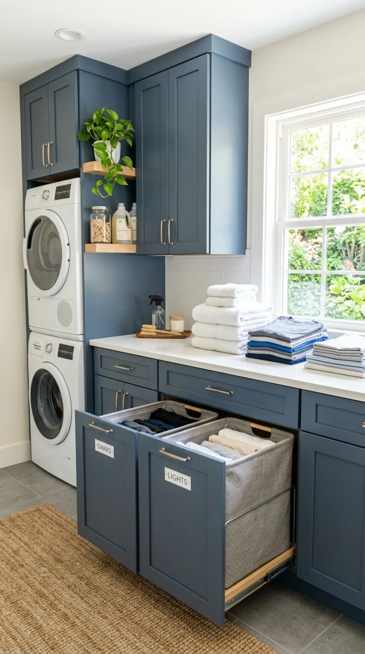 A real-life laundry room with slate blue cabinetry (#41505E) and pull-out hamper drawers slightly open showing neatly organized fabric bins, beautifully arranged folded clothes nearby, bright natural light, clean vibrant stock-photo style.