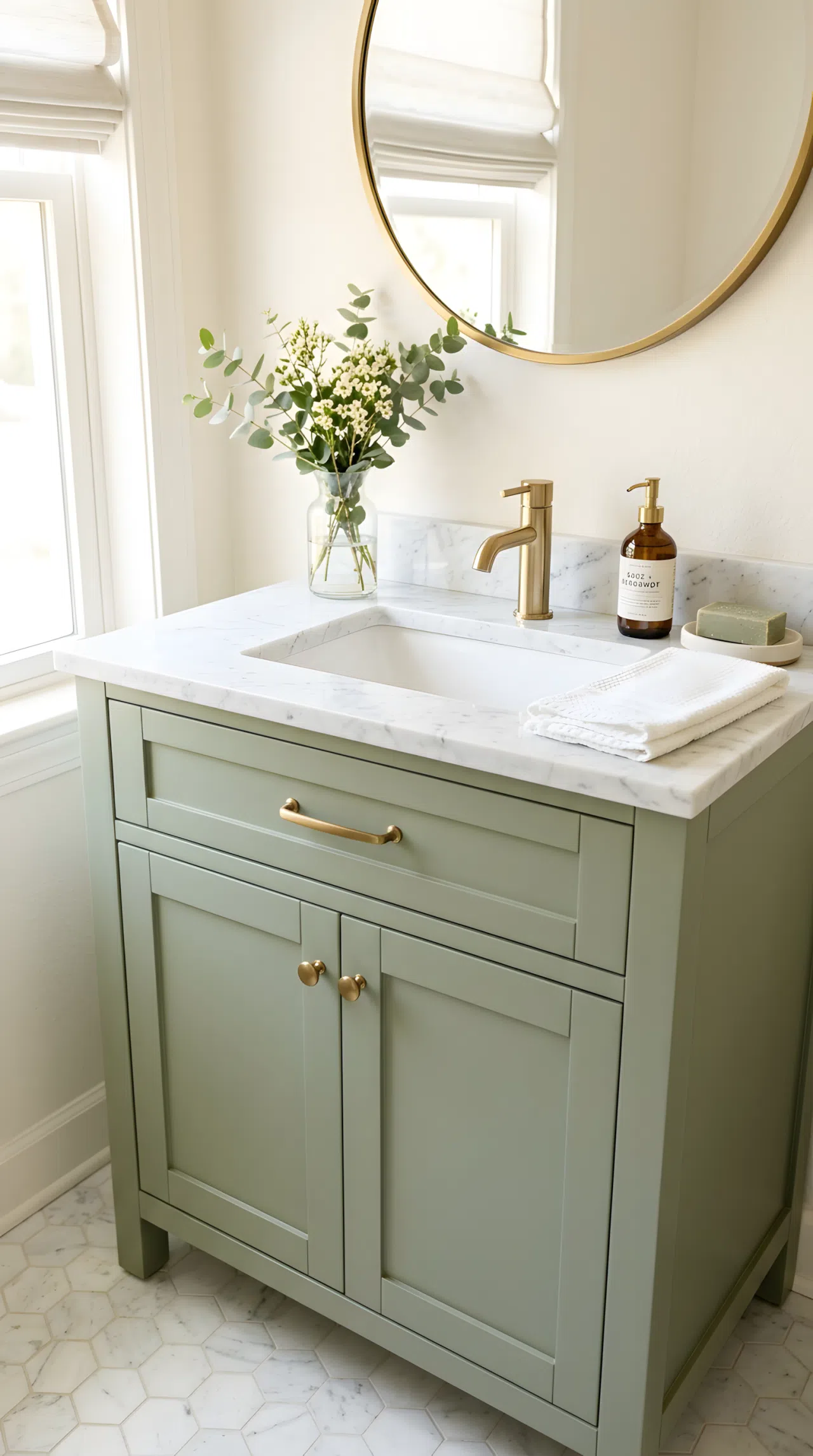 Real-life photo of a small bathroom, close-up on a neatly painted sage green (RGB 158,169,133) vanity cabinet with brushed brass handles, white marble countertop, beautifully arranged, clean, organized, bright natural light, vibrant color, stock photography style, no illustration