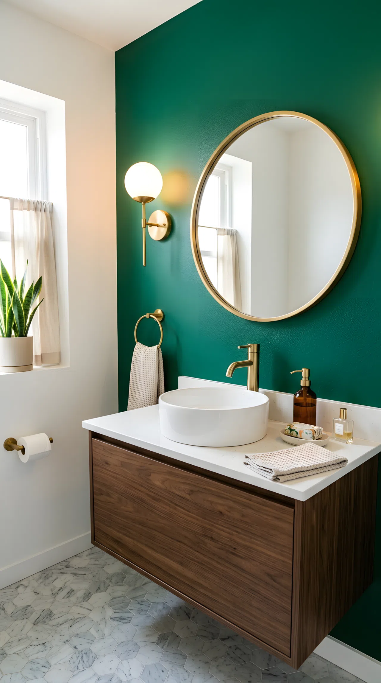 Real-life photo of a powder room, emerald green accent wall (RGB 0,90,60), brass wall sconce mounted at eye level beside a round mirror, warm side lighting casting soft shadows, neatly organized, clean, bright natural light, vibrant color, stock photography style