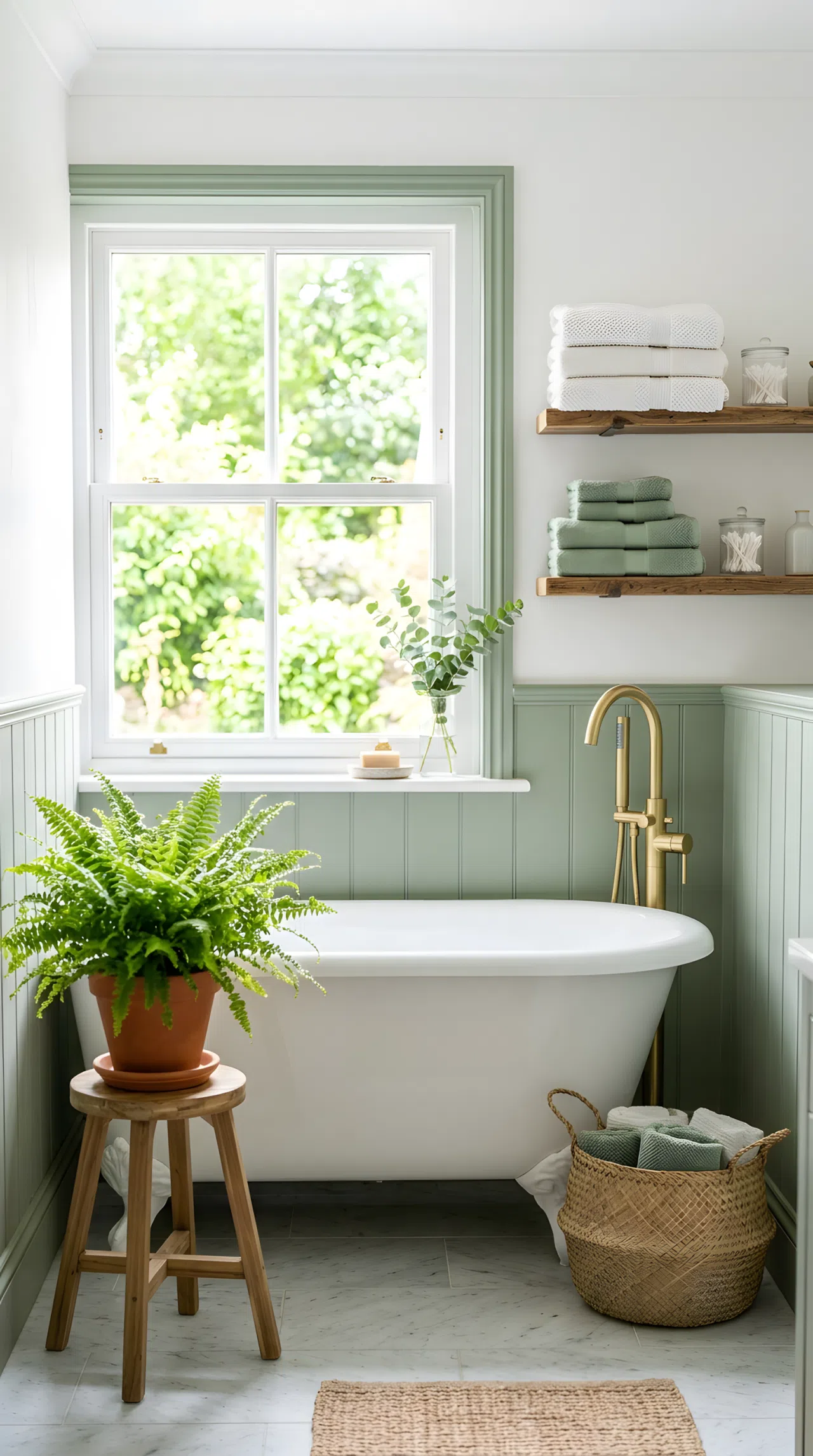 Real-life photo of a bright bathroom, white walls with sage green accents, neatly folded linen towels, small potted fern beside a freestanding tub, beautifully arranged, organized, clean, bright natural light, vibrant green tones, stock photography style