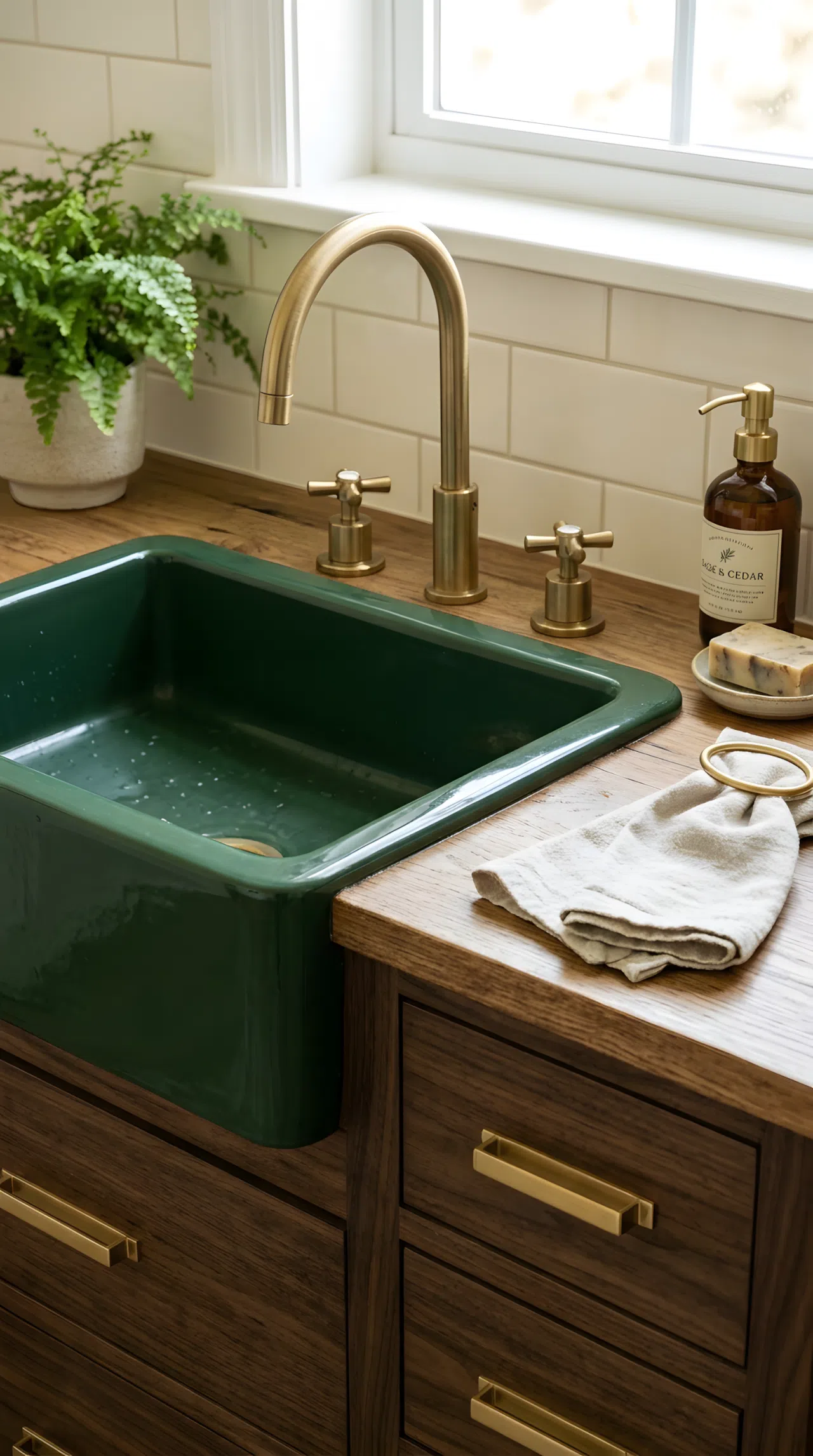Real-life photo close-up of a forest green (RGB 34,74,48) sink basin with a brushed brass gooseneck faucet, matching brass cabinet pulls in frame, neatly made, clean, beautifully arranged, bright natural light, vibrant color, stock photography style