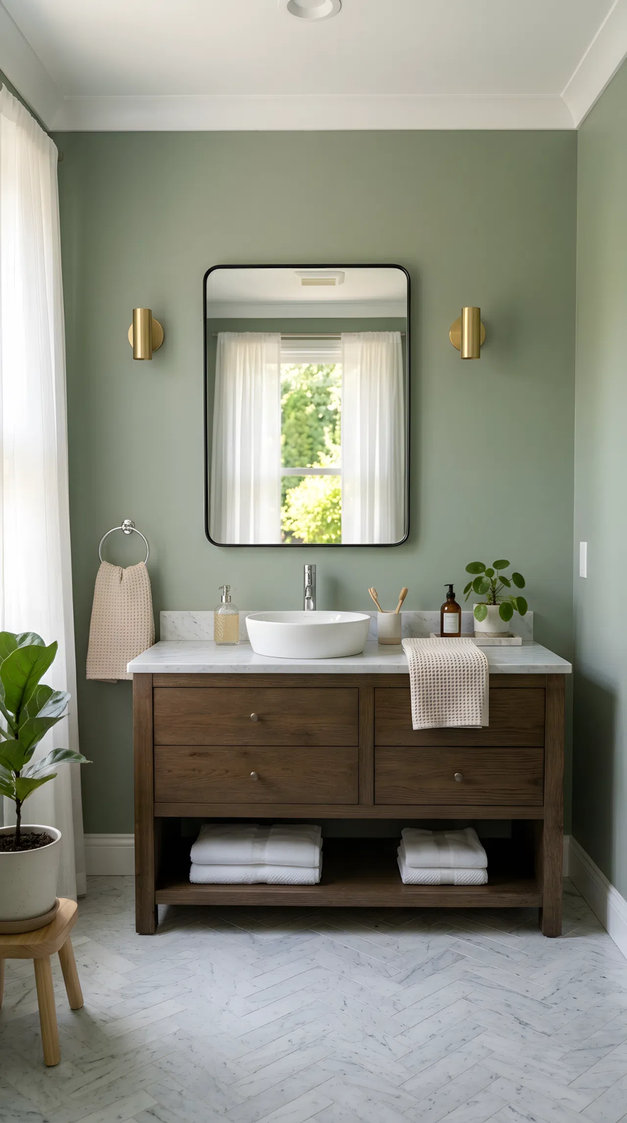 Real-life photo of a sage green bathroom, vanity mirror positioned directly across from a window, sheer curtains diffusing bright natural light across the mirror, neatly organized countertop, clean, beautifully arranged, vibrant morning light, stock photography style