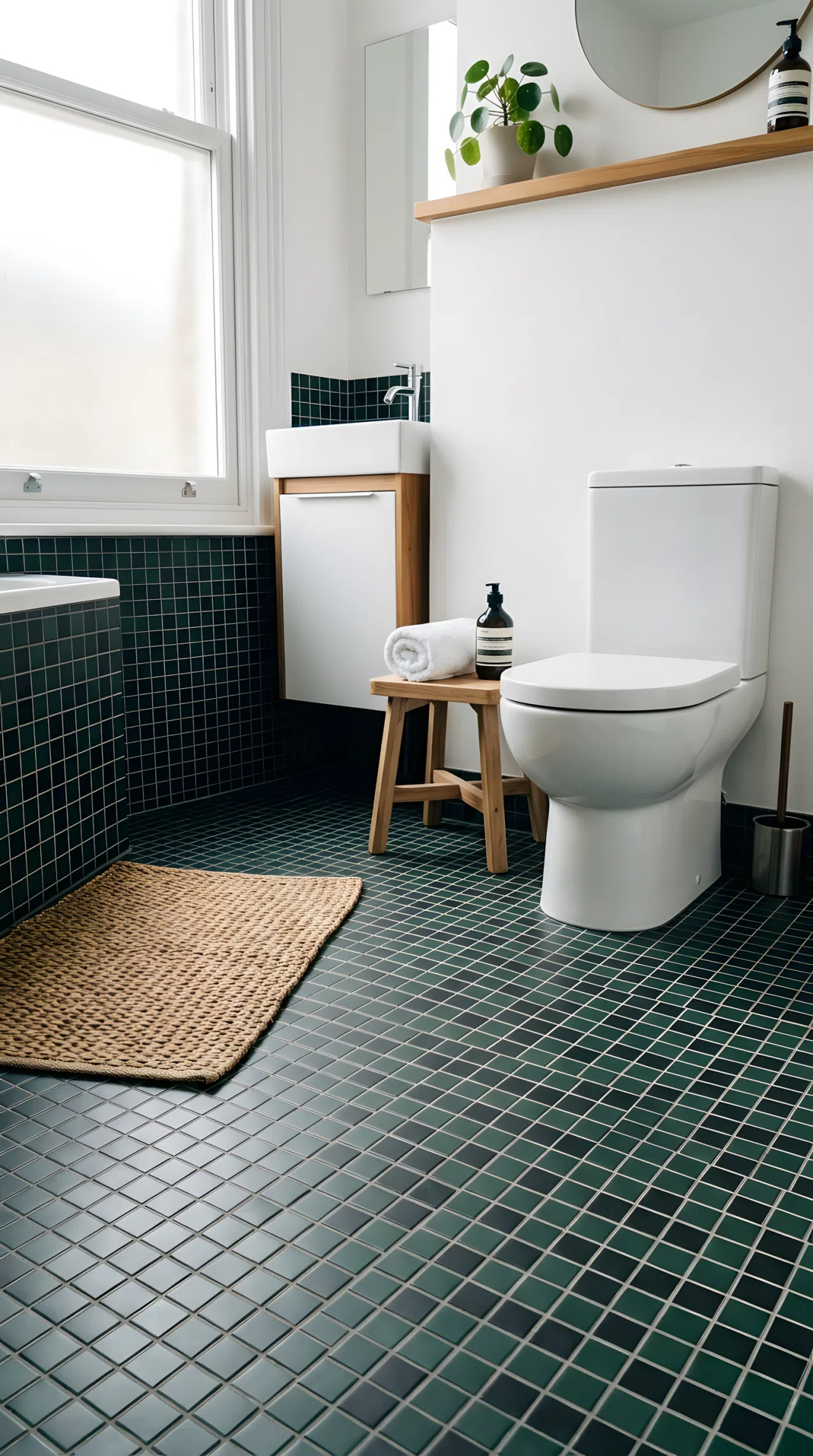 Real-life photo of a bathroom floor in dark green and black tile (RGB 20,50,35), matte finish, white walls above, neatly organized, clean, bright natural light, vibrant color, stock photography style