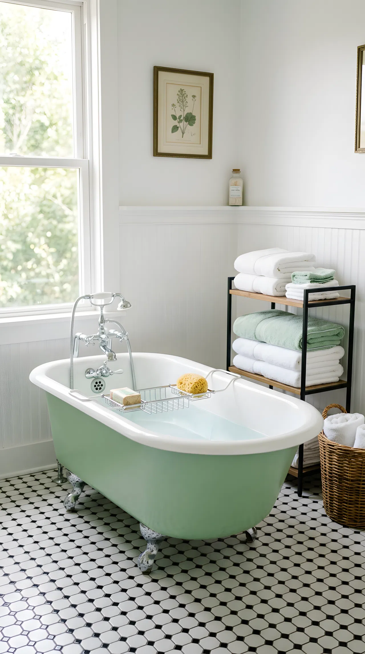 Real-life photo of a vintage pastel green (RGB 180,210,180) bathtub, black and white checkerboard floor, white walls, neatly arranged towels nearby, clean, organized, bright natural light, vibrant color, stock photography style