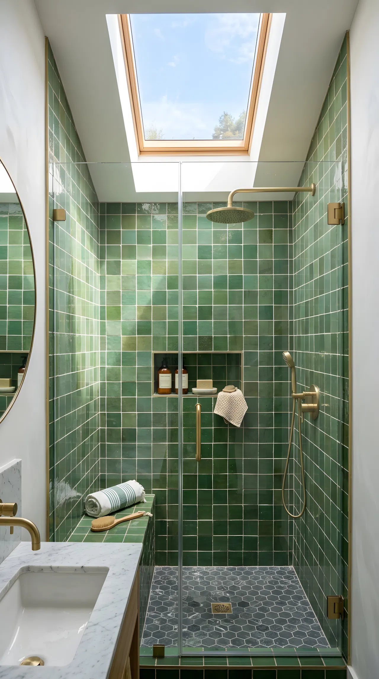 Real-life photo of a green tiled shower stall with a skylight directly overhead, soft daylight streaming down onto the tile, neatly organized, clean, beautifully arranged, vibrant natural light, stock photography style