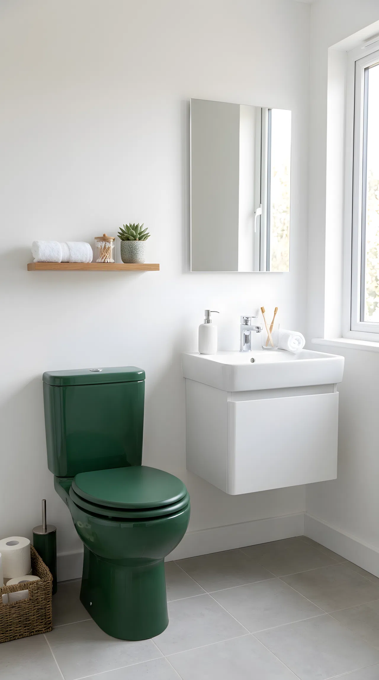Real-life photo of a deep forest green (RGB 34,74,48) toilet against a plain white sink and neutral floor, neatly organized, clean, beautifully arranged, bright natural light, vibrant color, stock photography style