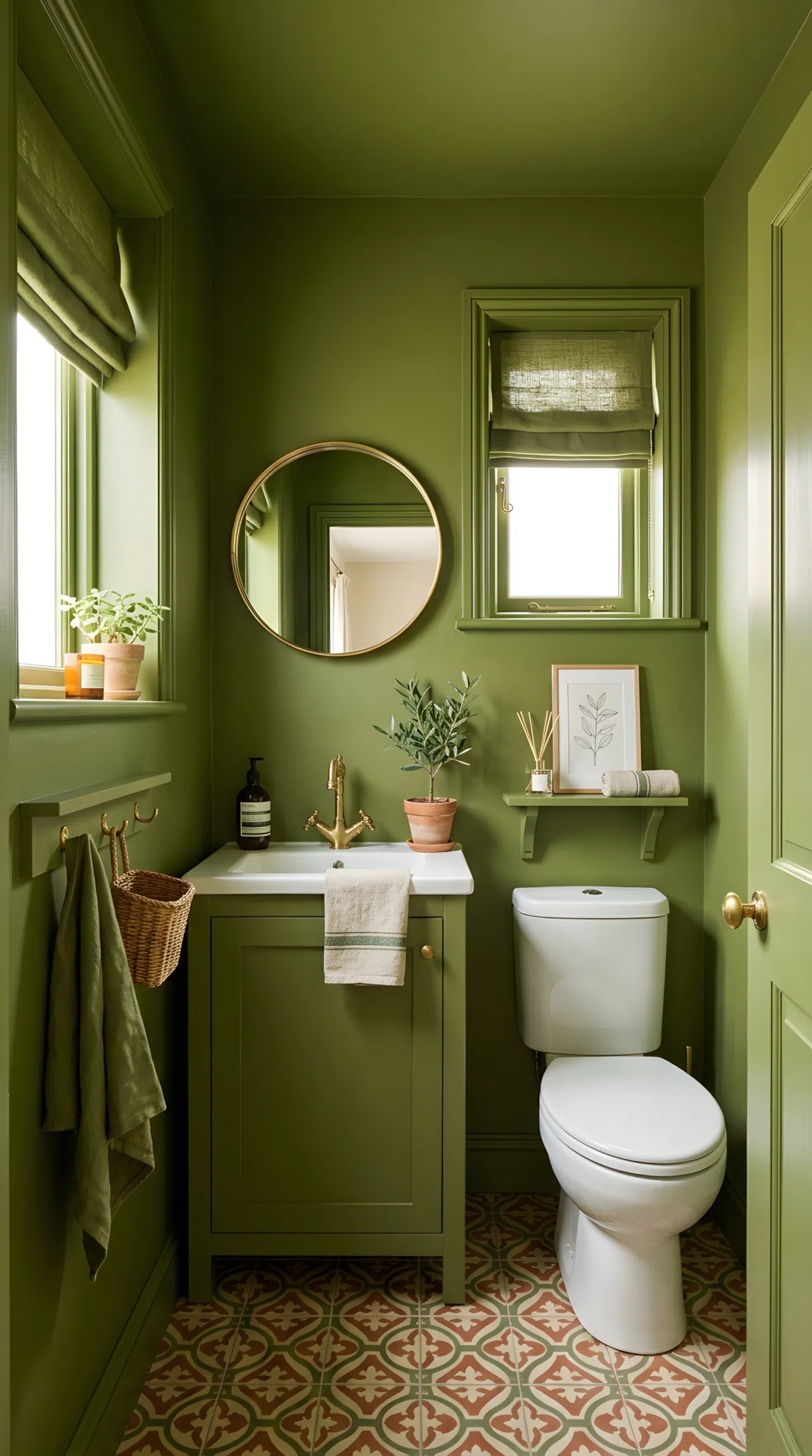 Real-life photo of a small powder room fully color-drenched in olive green (RGB 100,120,80), walls, ceiling, and trim all matching, neatly organized, clean, beautifully arranged, bright natural light, vibrant color, stock photography style