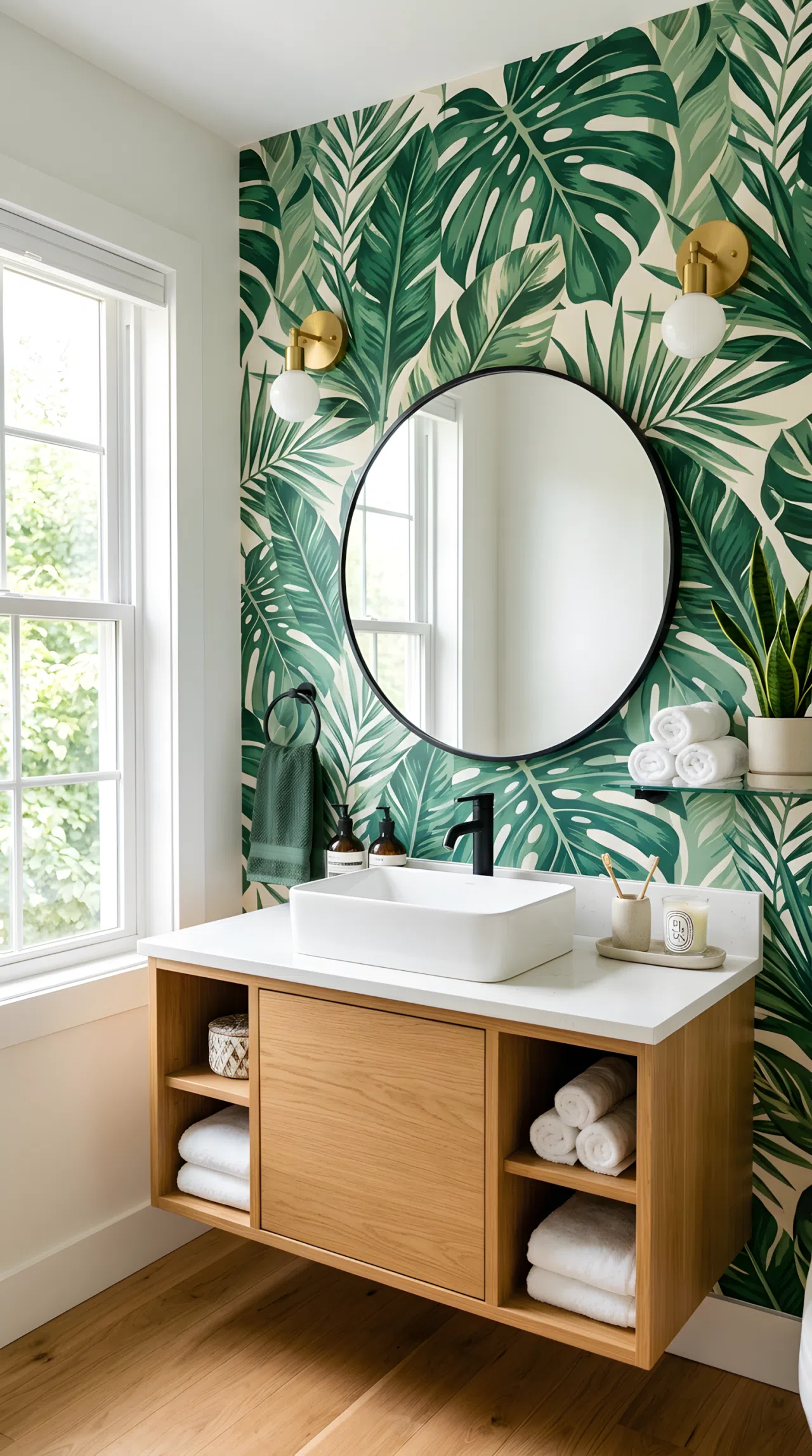 Real-life photo of a bathroom accent wall with large-scale botanical leaf wallpaper in green tones, vanity in frame, neatly organized, clean, beautifully arranged, bright natural light, vibrant color, stock photography style