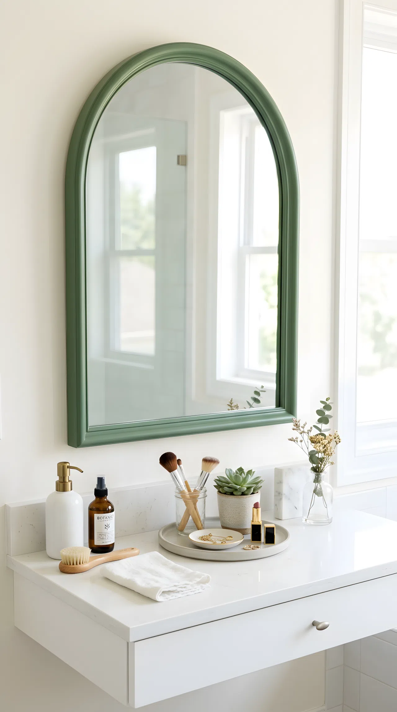 Real-life photo close-up of a curved green-framed mirror (RGB 76,110,80) above a white vanity, neatly organized countertop, clean, beautifully arranged, bright natural light, vibrant color, stock photography style