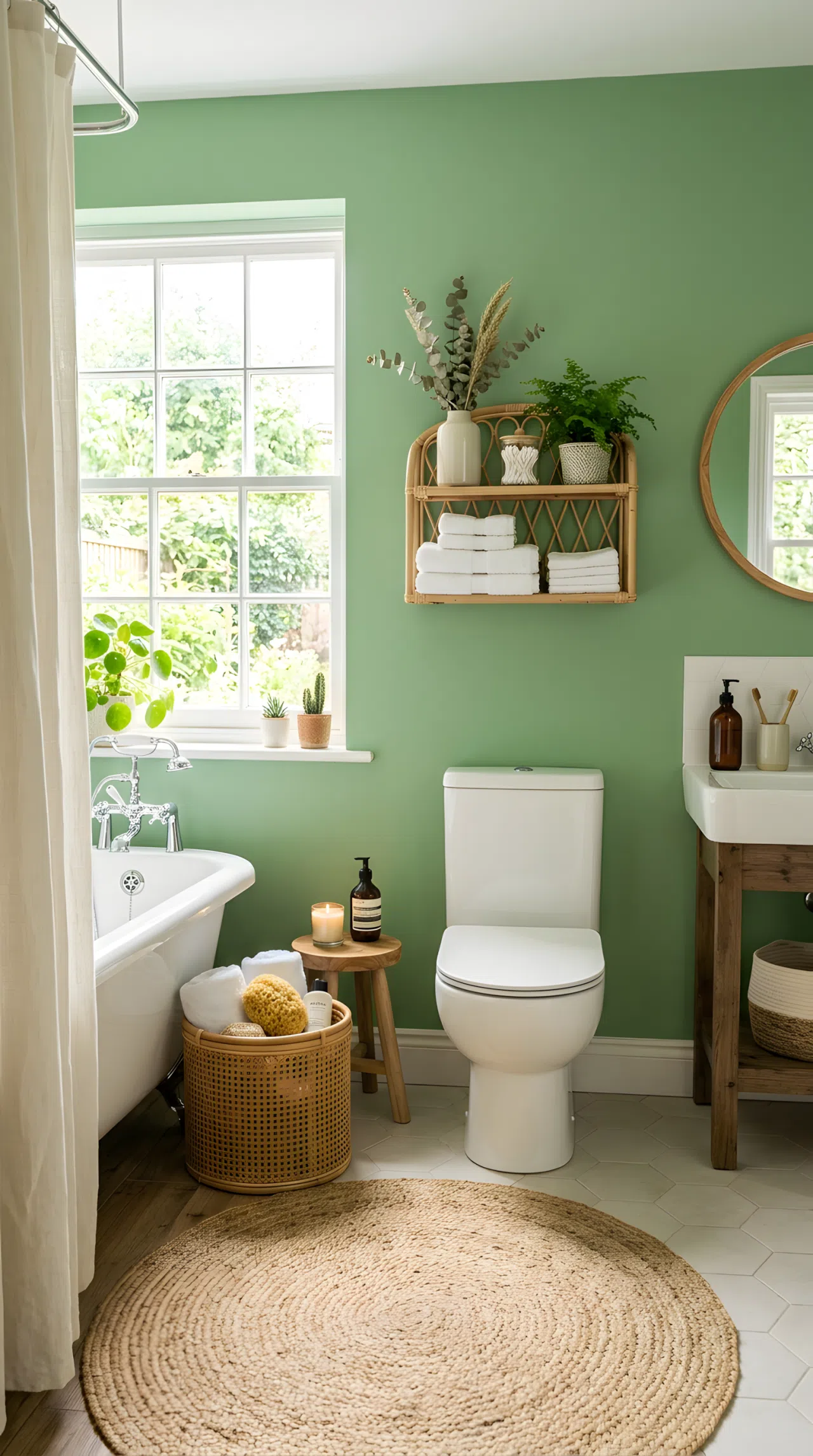 Real-life photo of a sage green bathroom, jute rug on the floor, rattan storage basket beside the tub, rattan shelf above toilet, neatly organized, clean, beautifully arranged, bright natural light, vibrant color, stock photography style