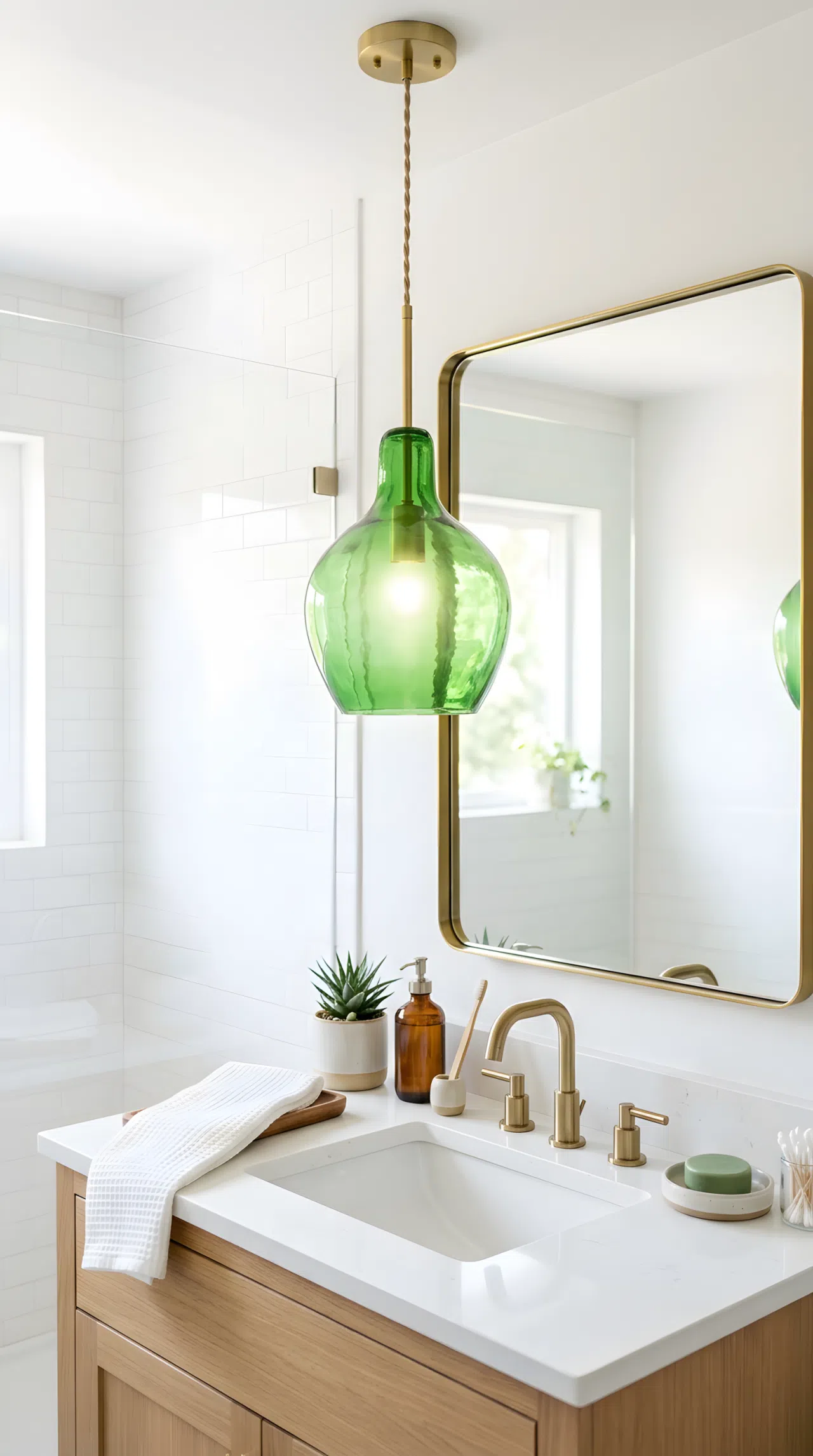 Real-life photo of a green glass pendant light hung centered above a bathroom vanity sink, soft green-tinted glow on the countertop below, neatly organized, clean, bright natural light, vibrant color, stock photography style