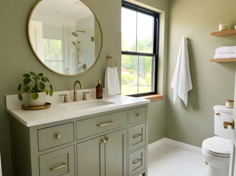 Real-life photo of a complete green bathroom, sage green (RGB 158,169,133) vanity cabinet with brushed brass hardware, white countertop, small potted plant, neatly made, beautifully arranged, organized, clean, natural light streaming in from a window positioned beside the mirror, vibrant color, Pinterest-ready styling, stock photography style, no illustration, no 3D render