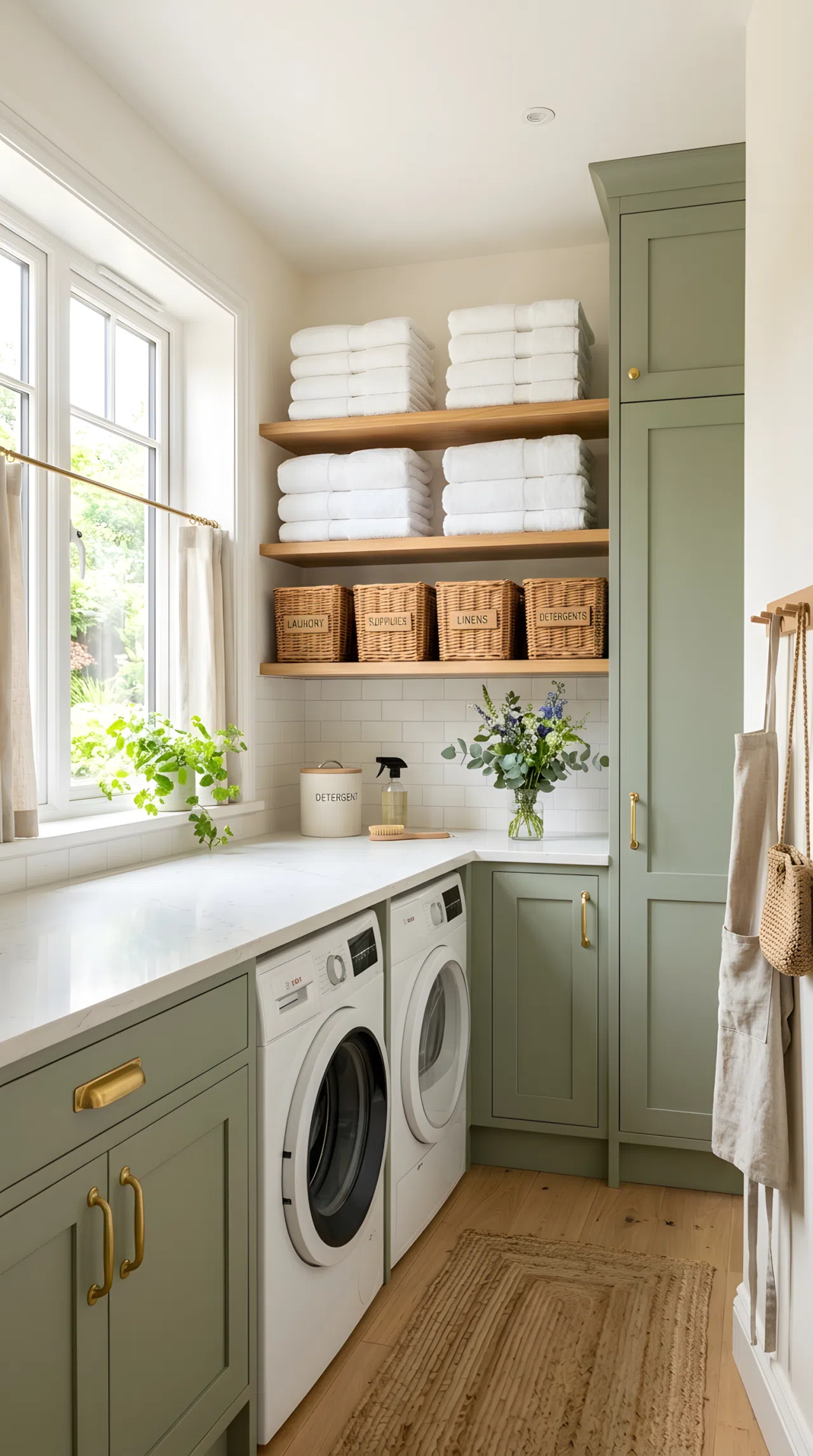 Real-life photograph of a small home laundry room with sage green cabinetry (#9CAF88) and brass hardware (#B5A642), neatly made open shelving stacked with folded white towels, organized baskets underneath, clean countertops, bright natural light streaming through a nearby window, vibrant and inviting, shot in stock-photography style, no illustration, no 3D render.