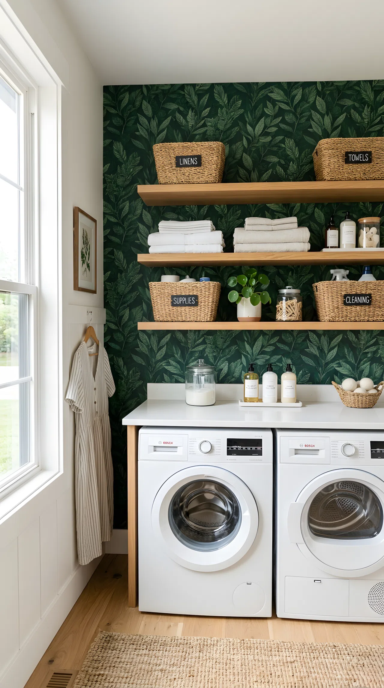 Real-life photograph of a home laundry room with a deep green botanical leaf-print wallpaper accent wall (#1B4332), neatly organized open wood shelving with folded linens and woven baskets, clean white washer and dryer, beautifully arranged decor, bright natural light, vibrant colors, stock-photography style, no illustration, no 3D render.