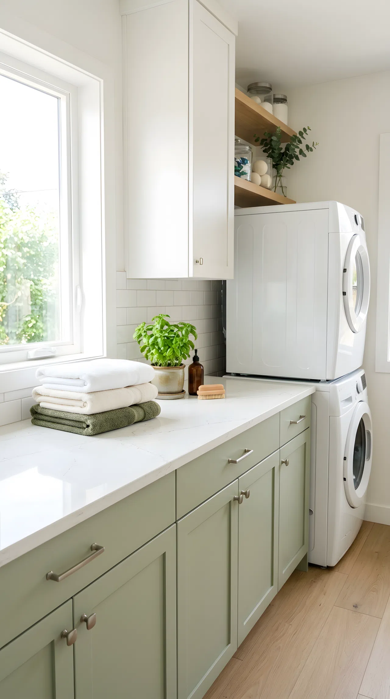 Real-life photograph of a laundry room with sage green lower cabinets (#A9C0A0) and a clean white quartz countertop (#F5F5F0), neatly folded towels and a small potted herb arranged on top, organized and clutter-free, bright natural light bouncing off the white surface, vibrant fresh tones, stock-photography style, no illustration, no 3D render.