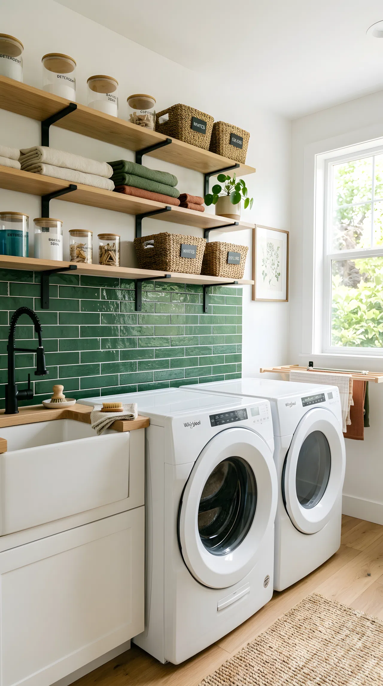 Real-life photograph of a laundry room featuring a forest green textured tile backsplash (#1E4620) behind a washer and dryer, matte black fixtures, neatly arranged open wood shelving, organized and clean surfaces, bright natural light highlighting the tile texture, vibrant saturated color, stock-photography style, no illustration, no 3D render.