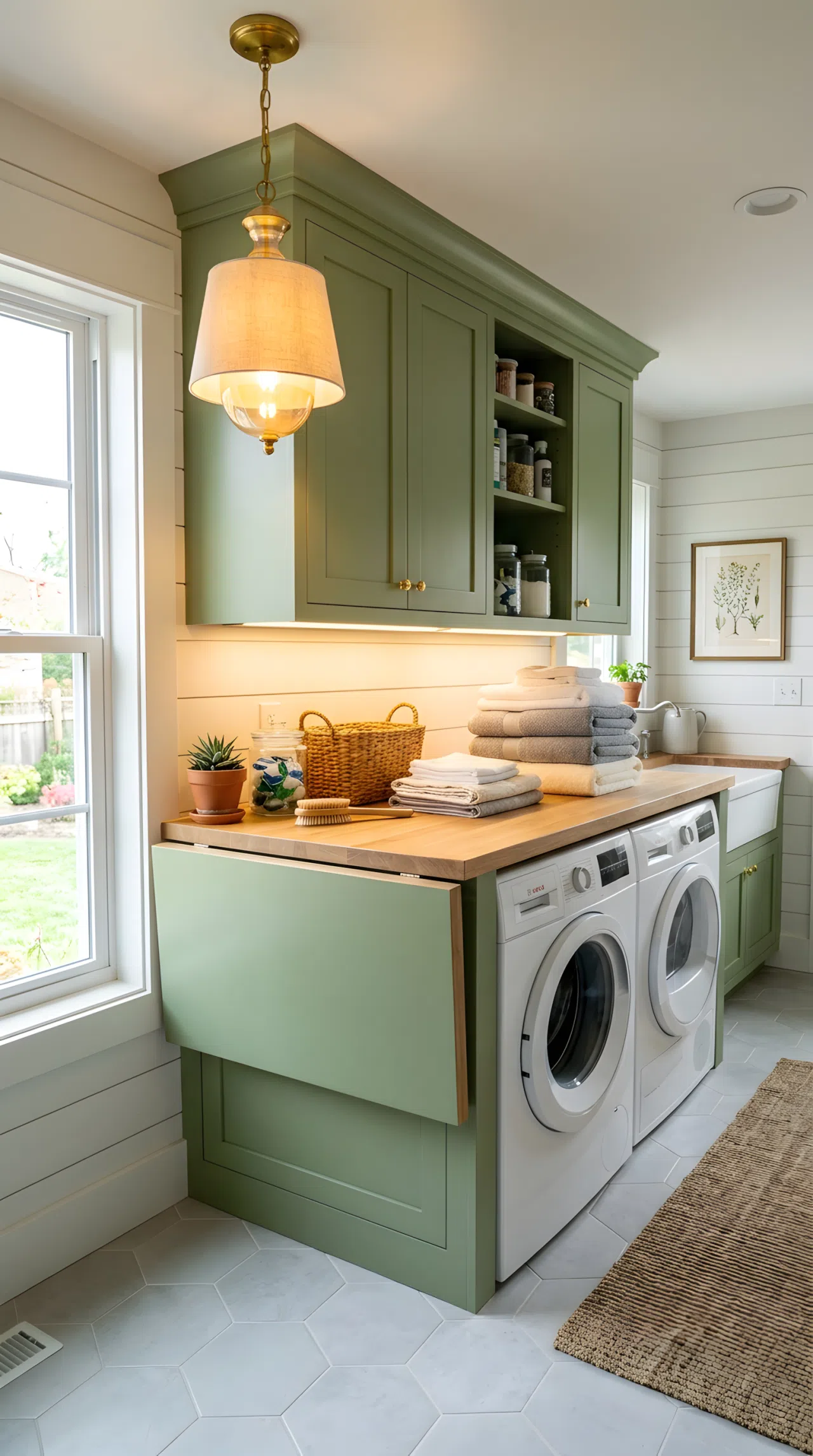 Real-life photograph of a laundry room with sage green cabinetry (#87A96B), under-cabinet LED strip lighting positioned to eliminate shadows over a folding counter, a warm-toned pendant light above, neatly organized countertop, beautifully arranged folded laundry, bright natural light mixing with a soft golden glow, vibrant and cozy, stock-photography style, no illustration, no 3D render.
