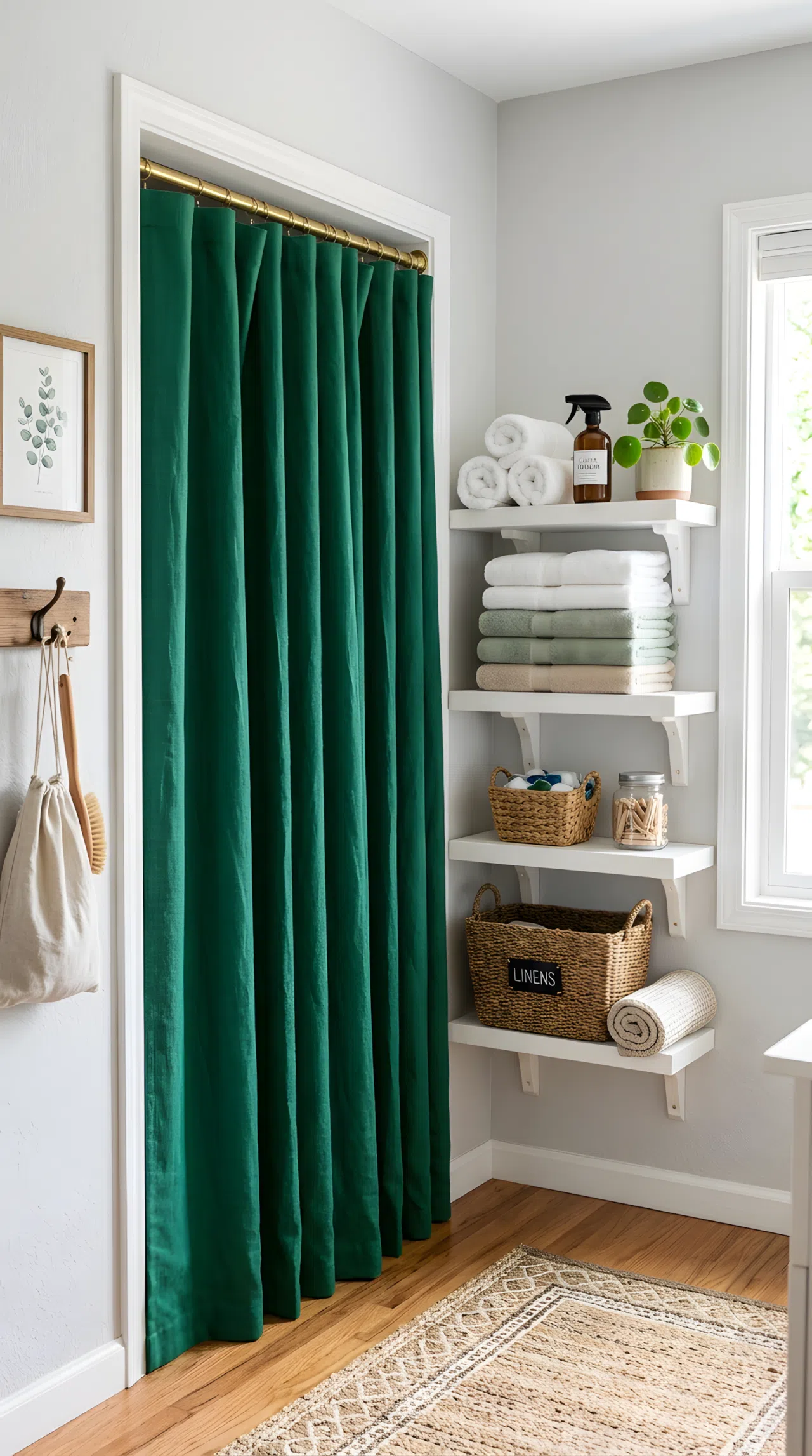 Real-life photograph of a laundry nook with an emerald green linen curtain (#046A38) neatly hung on a brass tension rod hiding a washer and dryer, beautifully arranged folded towels on a nearby shelf, clean organized space, bright natural light, vibrant color, stock-photography style, no illustration, no 3D render.