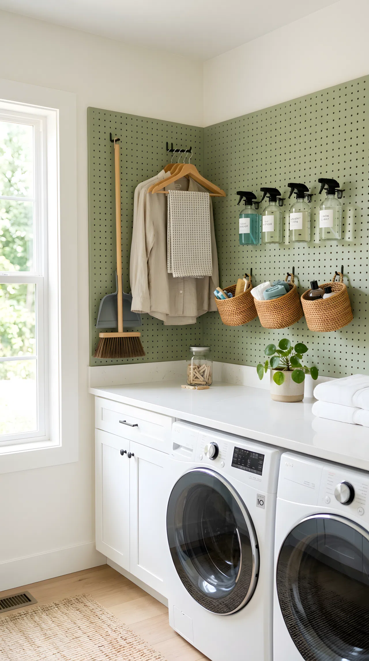 Real-life photograph of a laundry room with a sage green pegboard wall (#A3B18A), neatly organized hooks holding a broom, hangers, and spray bottles, small woven baskets attached, clean and clutter-free, bright natural light, vibrant fresh tone, stock-photography style, no illustration, no 3D render.