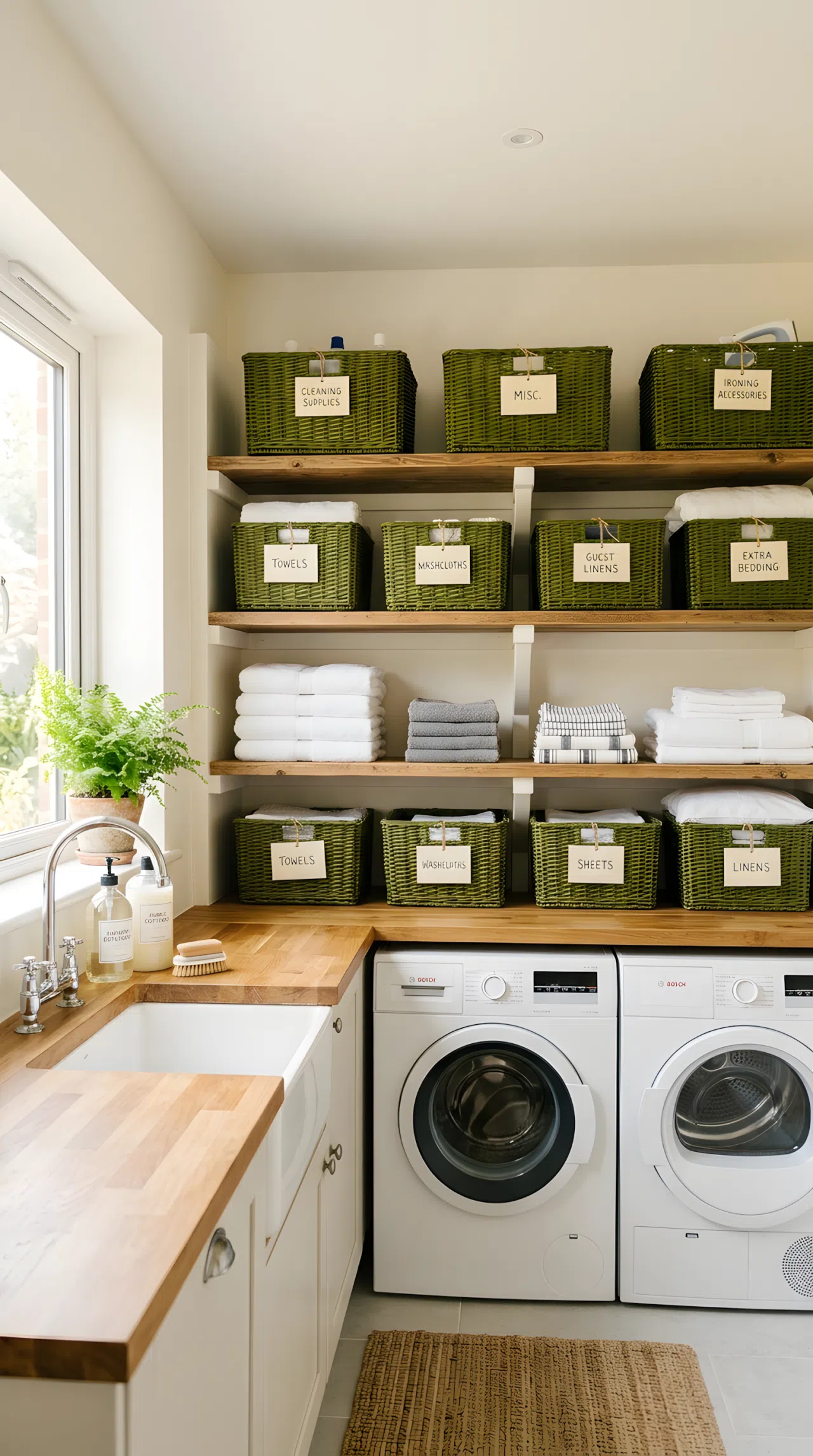 Real-life photograph of open shelving in a laundry room lined with olive green woven baskets (#6B8E23) with neat handwritten labels, organized and beautifully arranged, clean folded linens nearby, bright natural light, vibrant tones, stock-photography style, no illustration, no 3D render.