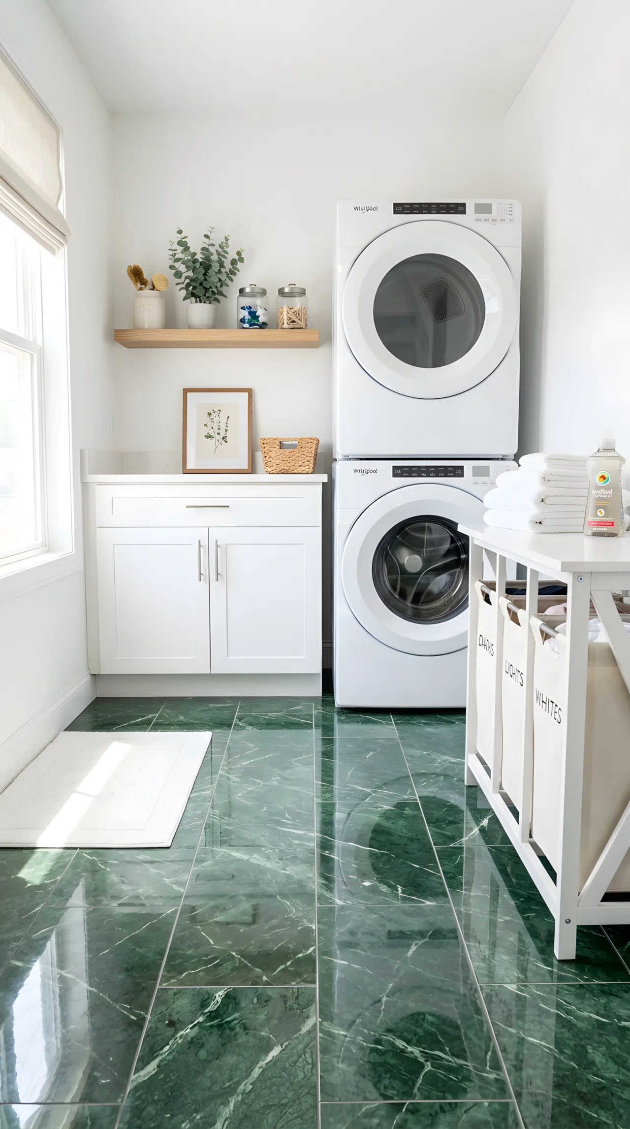 Real-life photograph of a laundry room floor with green marble-look peel-and-stick flooring (#3A5F3A), clean white walls, neatly organized washer and dryer, spotless and beautifully arranged space, bright natural light reflecting off the floor, vibrant color, stock-photography style, no illustration, no 3D render.