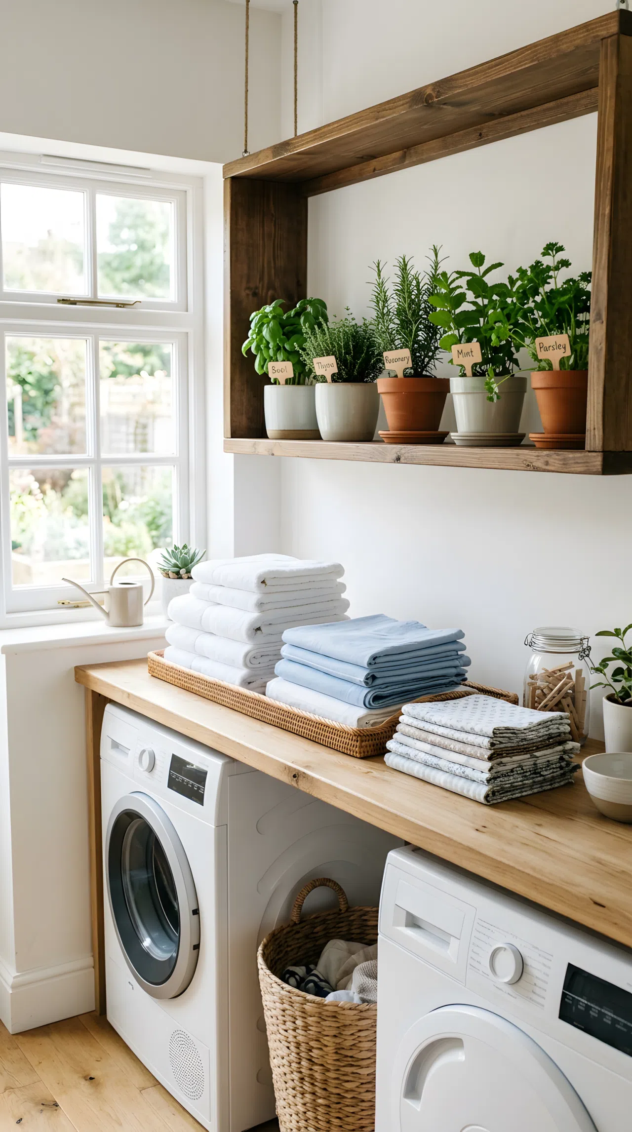 Real-life photograph of a laundry room folding counter with a hanging wood shelf above holding small potted herbs, neatly arranged, organized folded laundry on the counter below, clean bright space, natural light streaming through a nearby window, vibrant green plants, stock-photography style, no illustration, no 3D render.