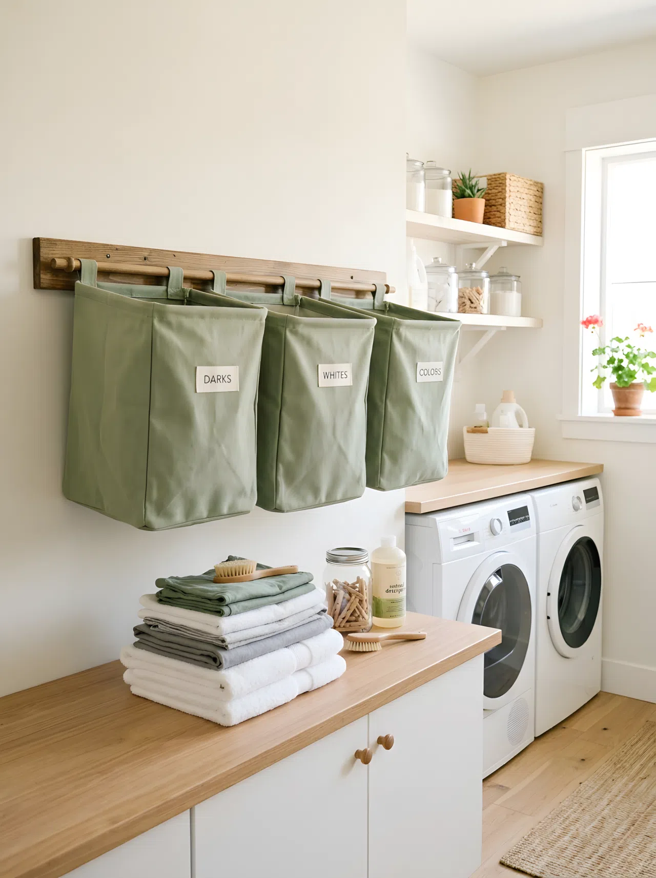 Real-life photograph of a laundry room wall rack holding three sage green canvas sorting bins (#B2C2A0) with neat labels, organized and clean, folded laundry nearby, bright natural light, vibrant fresh color, stock-photography style, no illustration, no 3D render.