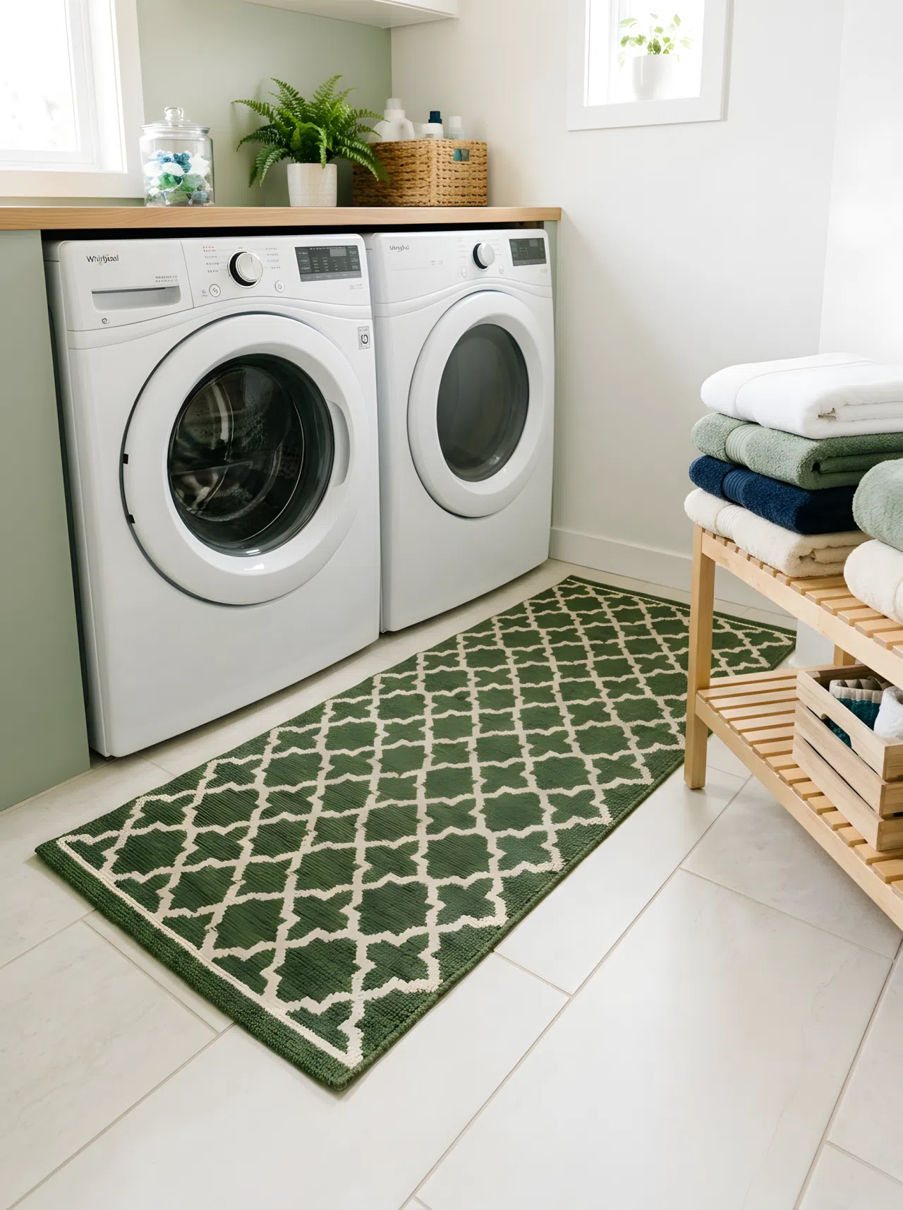Real-life photograph of a laundry room floor with a patterned green and cream runner rug (#4A6741), neatly placed in front of a washer and dryer, clean organized space, beautifully arranged folded towels nearby, bright natural light, vibrant pattern, stock-photography style, no illustration, no 3D render.