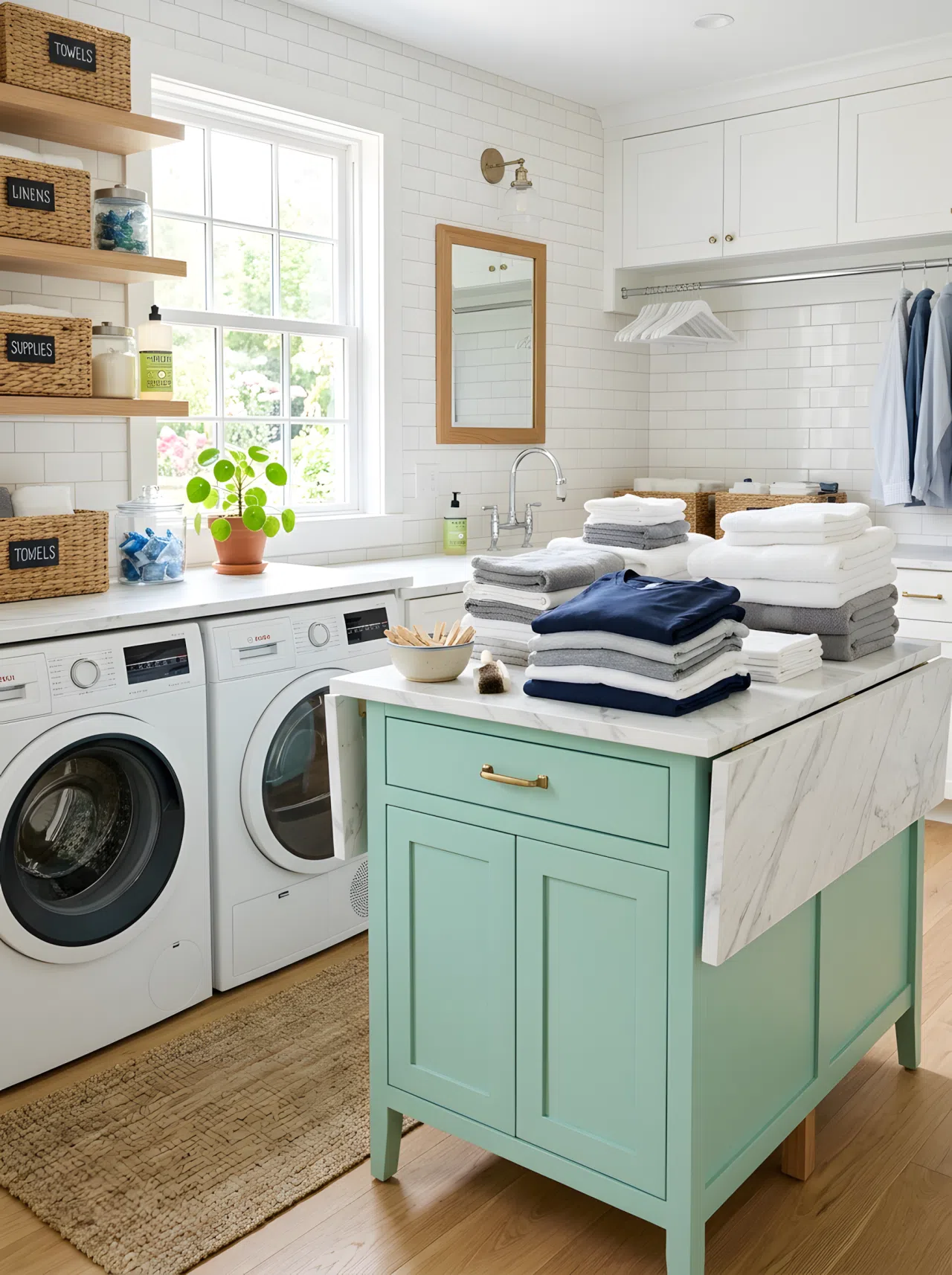 Real-life photograph of a laundry room with a mint green folding station (#98D8C1) topped with white marble-look laminate, neatly folded clothes stacked on top, small drawer underneath, clean organized space, bright natural light, vibrant fresh color, stock-photography style, no illustration, no 3D render.