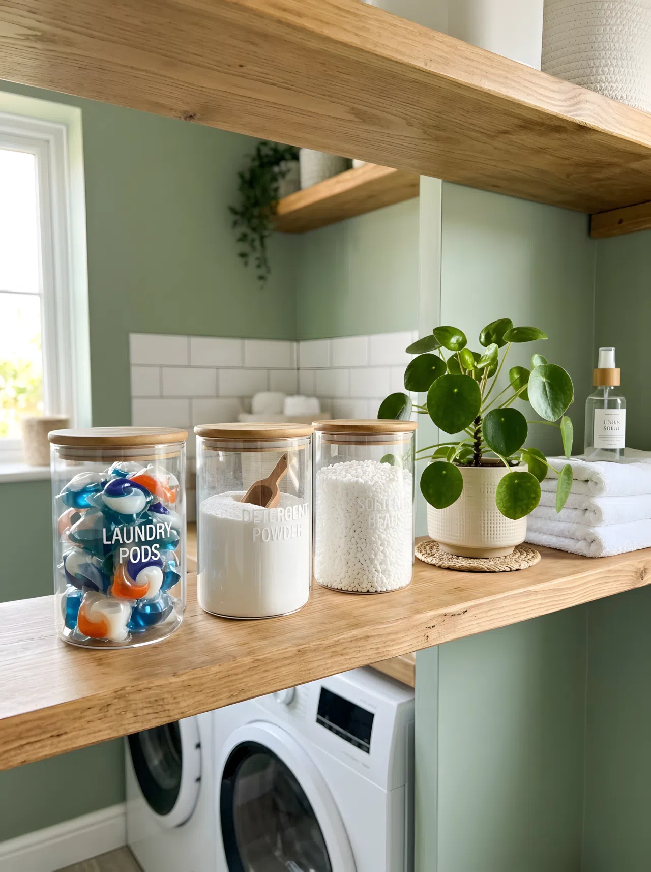 Real-life photograph of an open shelf in a green laundry room with clear glass jars neatly filled with detergent pods and powder, a small potted green plant beside them, beautifully arranged and organized, clean surfaces, bright natural light, vibrant fresh look, stock-photography style, no illustration, no 3D render.