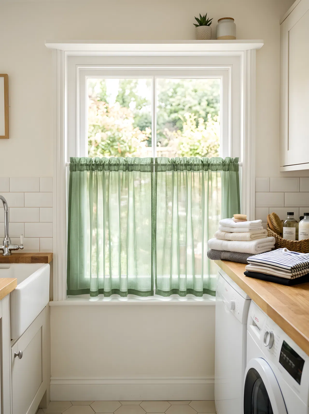 Real-life photograph of a laundry room window with a sheer green cafe curtain (#7A9471) covering the lower half, neatly mounted on a slim rod, folded laundry on a counter nearby, clean organized space, bright natural light filtering through the sheer fabric, vibrant soft tone, stock-photography style, no illustration, no 3D render.