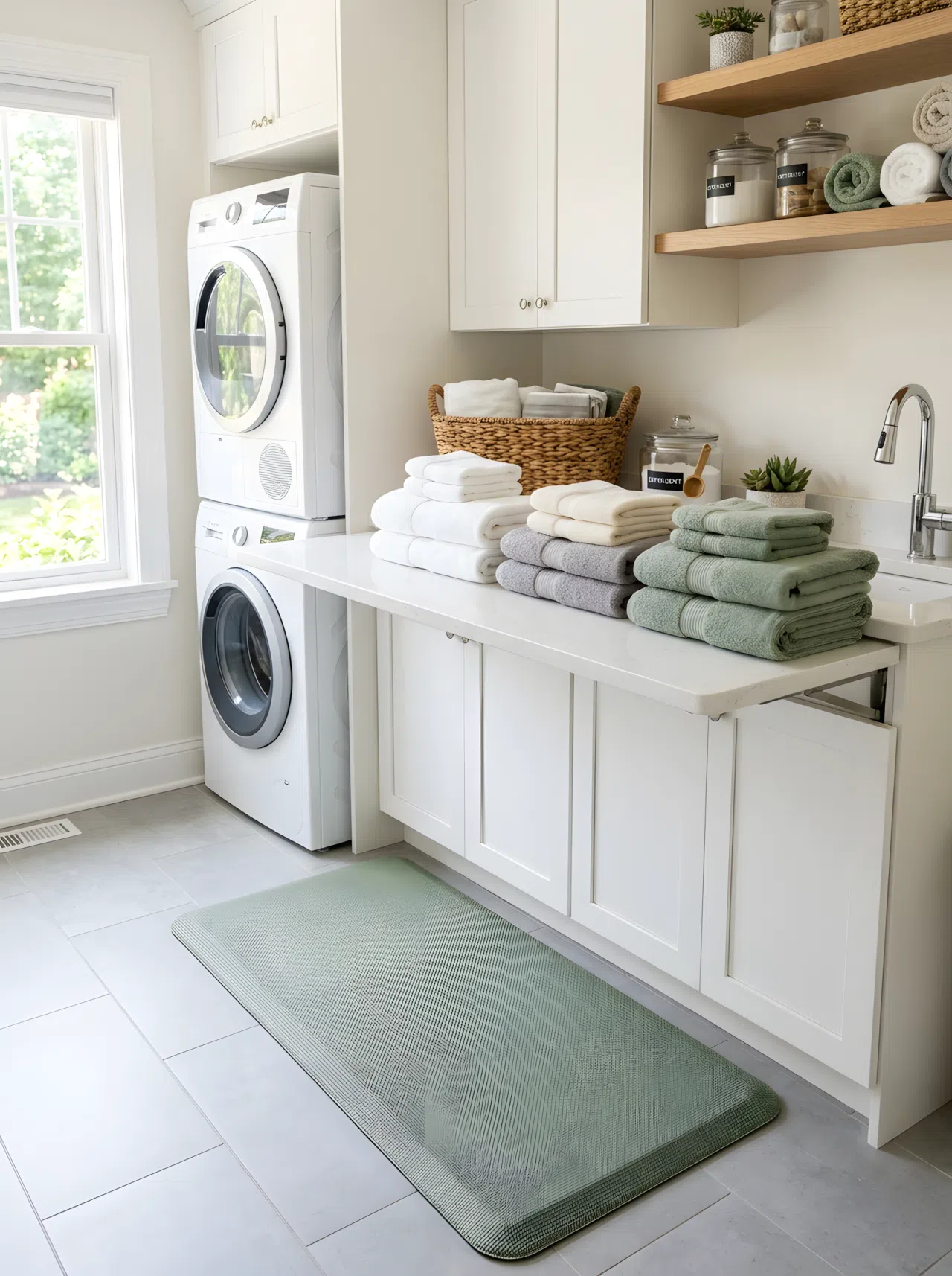 Real-life photograph of a laundry room folding counter with a sage green cushioned anti-fatigue mat (#8FAF8B) neatly placed underfoot, clean organized surfaces above, beautifully arranged folded towels, bright natural light, vibrant fresh tone, stock-photography style, no illustration, no 3D render.