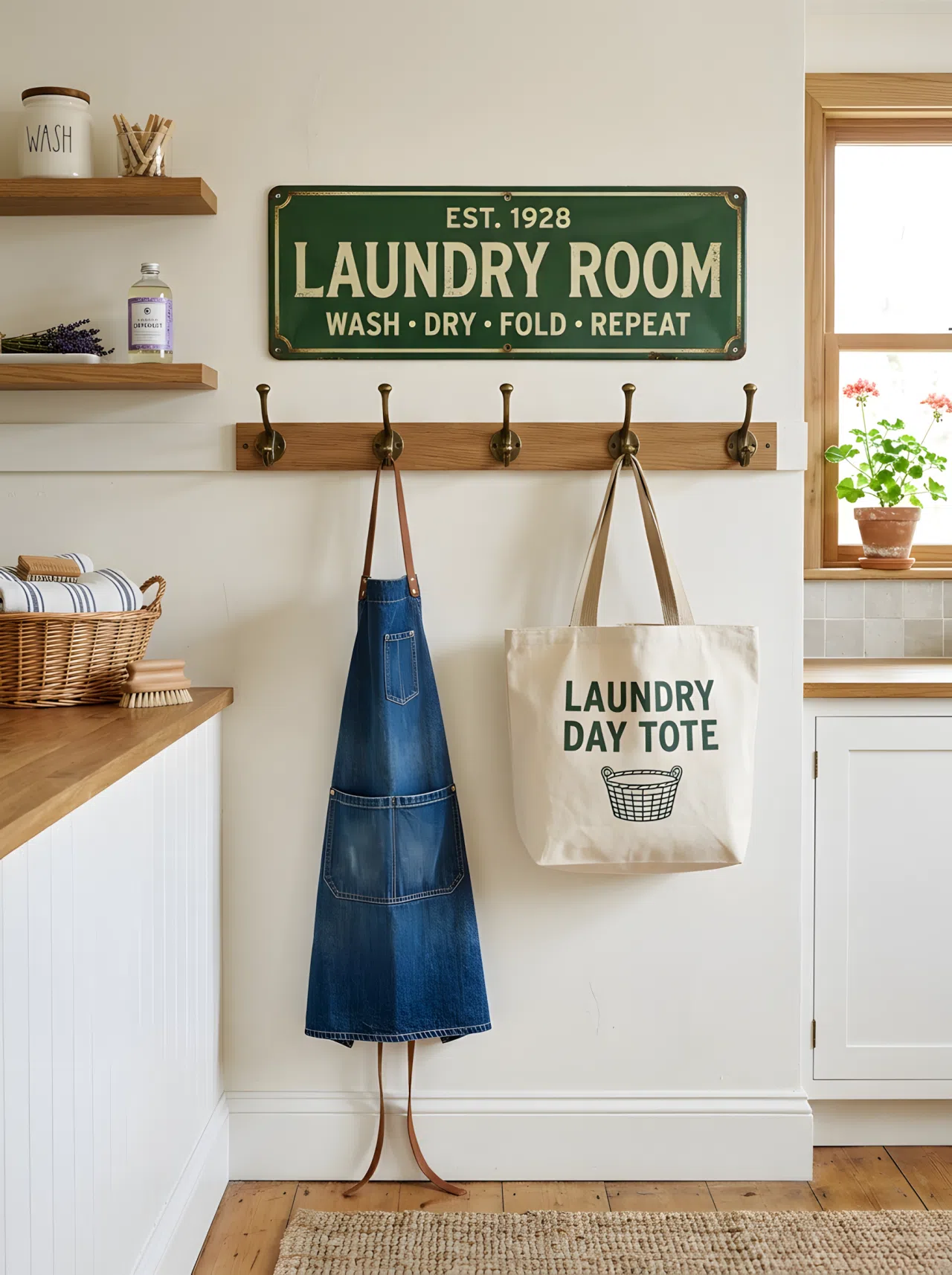 Real-life photograph of a laundry room wall with a vintage green enamel sign (#3F6248) above a row of brass hooks, neatly hung apron and tote bag, clean organized wall, bright natural light, vibrant color, stock-photography style, no illustration, no 3D render.