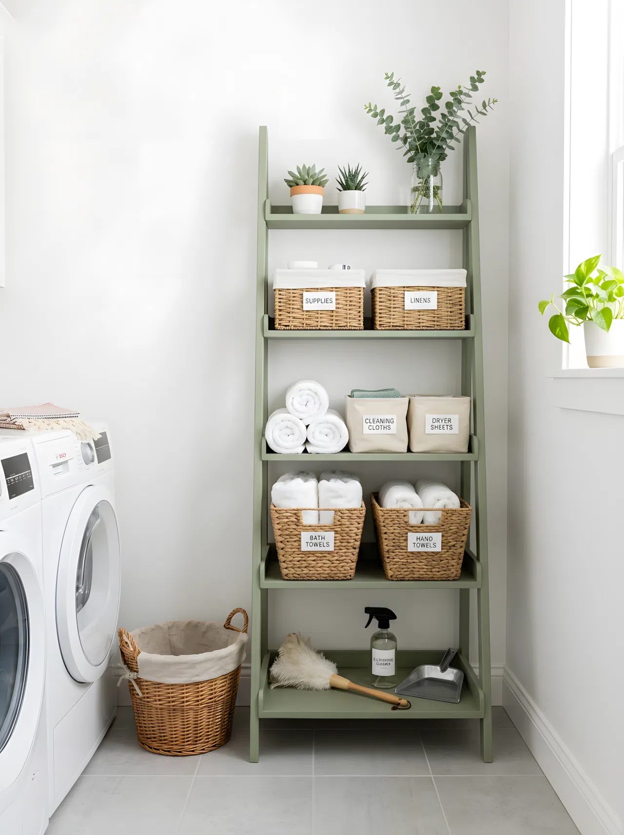 Real-life photograph of a corner in a laundry room with a tall sage green ladder shelf (#9CAE8D), neatly holding labeled bins and rolled towels, organized and clean, bright natural light, vibrant fresh tone, stock-photography style, no illustration, no 3D render.