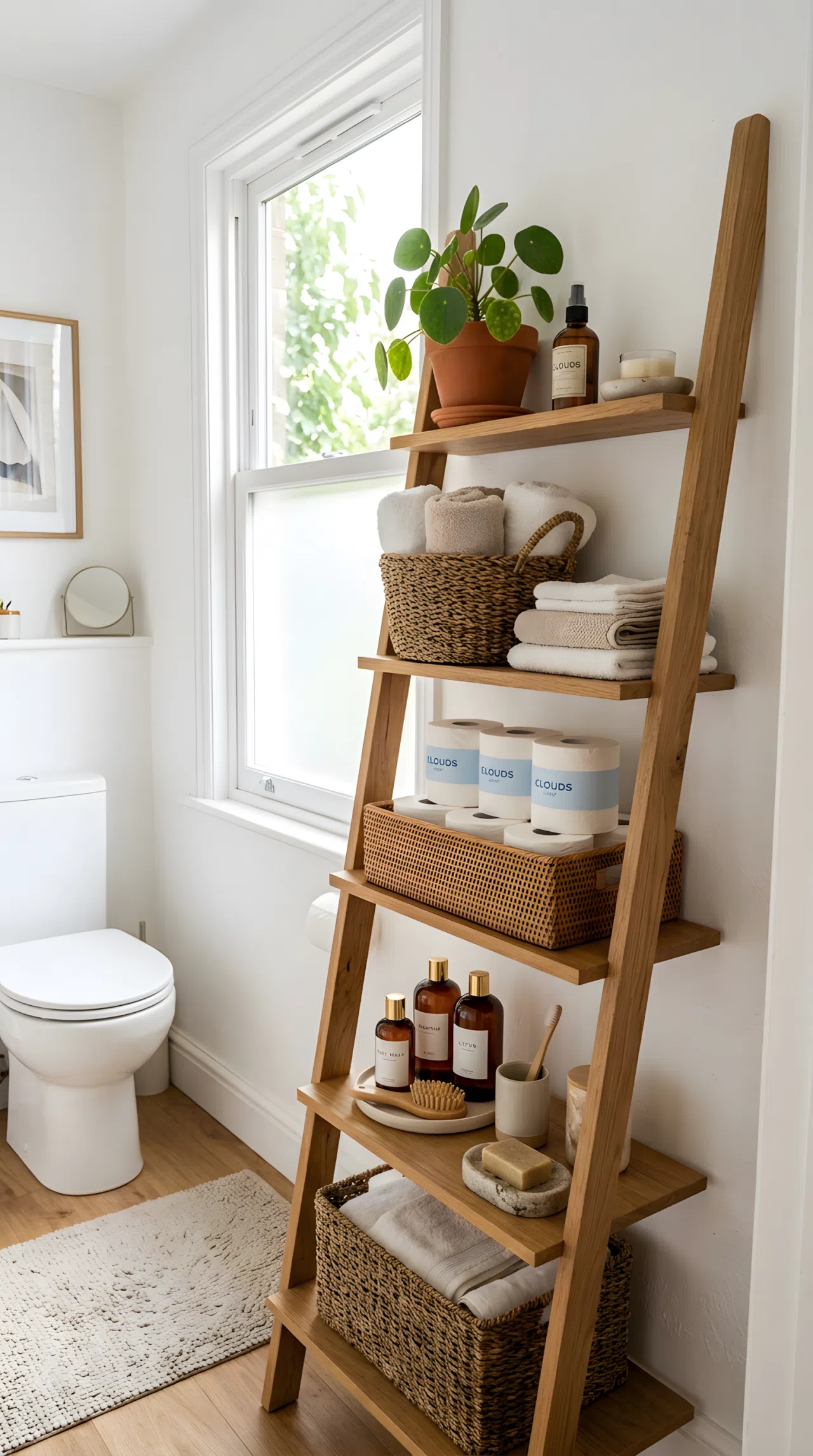 Real-life stock photo of a wooden leaning ladder shelf in a small guest bathroom, filled with neatly rolled white and beige towels in woven baskets, organized toilet paper rolls, beautifully arranged travel toiletries, clean white walls, bright natural light from a window, vibrant green plant accent, Pinterest-ready styling, shot like a home decor magazine photograph, no illustration, no 3D render.