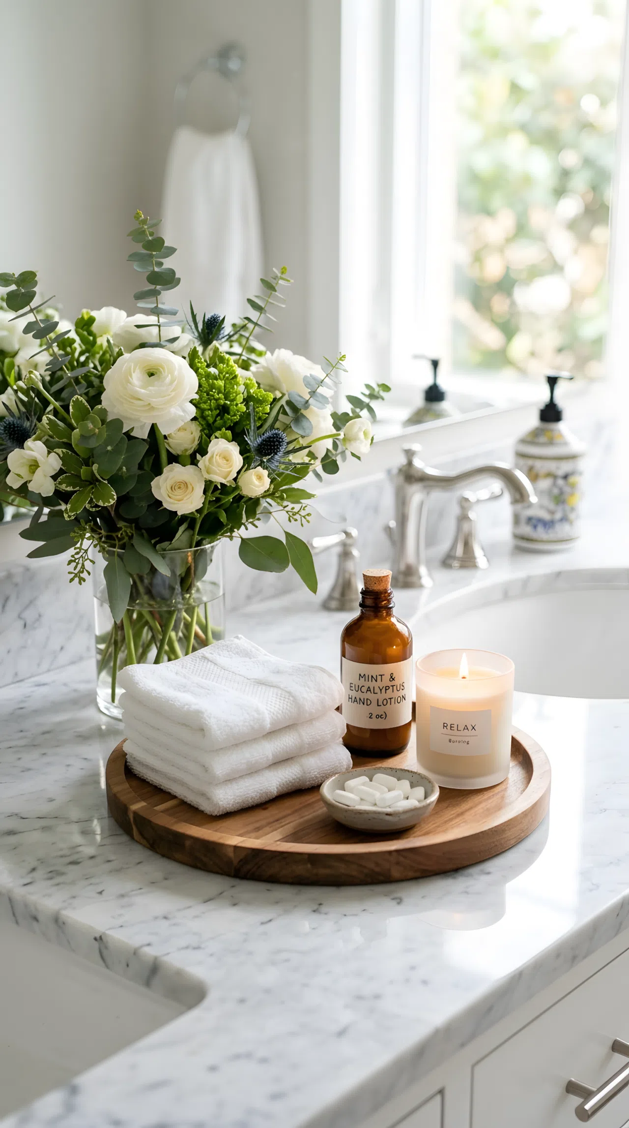 Real-life stock photo of a small round tray on a bathroom countertop with neatly folded white washcloths, a mini glass lotion bottle, a lit candle, and a small dish of mints, beautifully arranged, organized, clean marble counter, bright natural light, vibrant fresh flowers beside the tray, Pinterest-ready styling, photographed like a lifestyle magazine, no illustration, no 3D render.