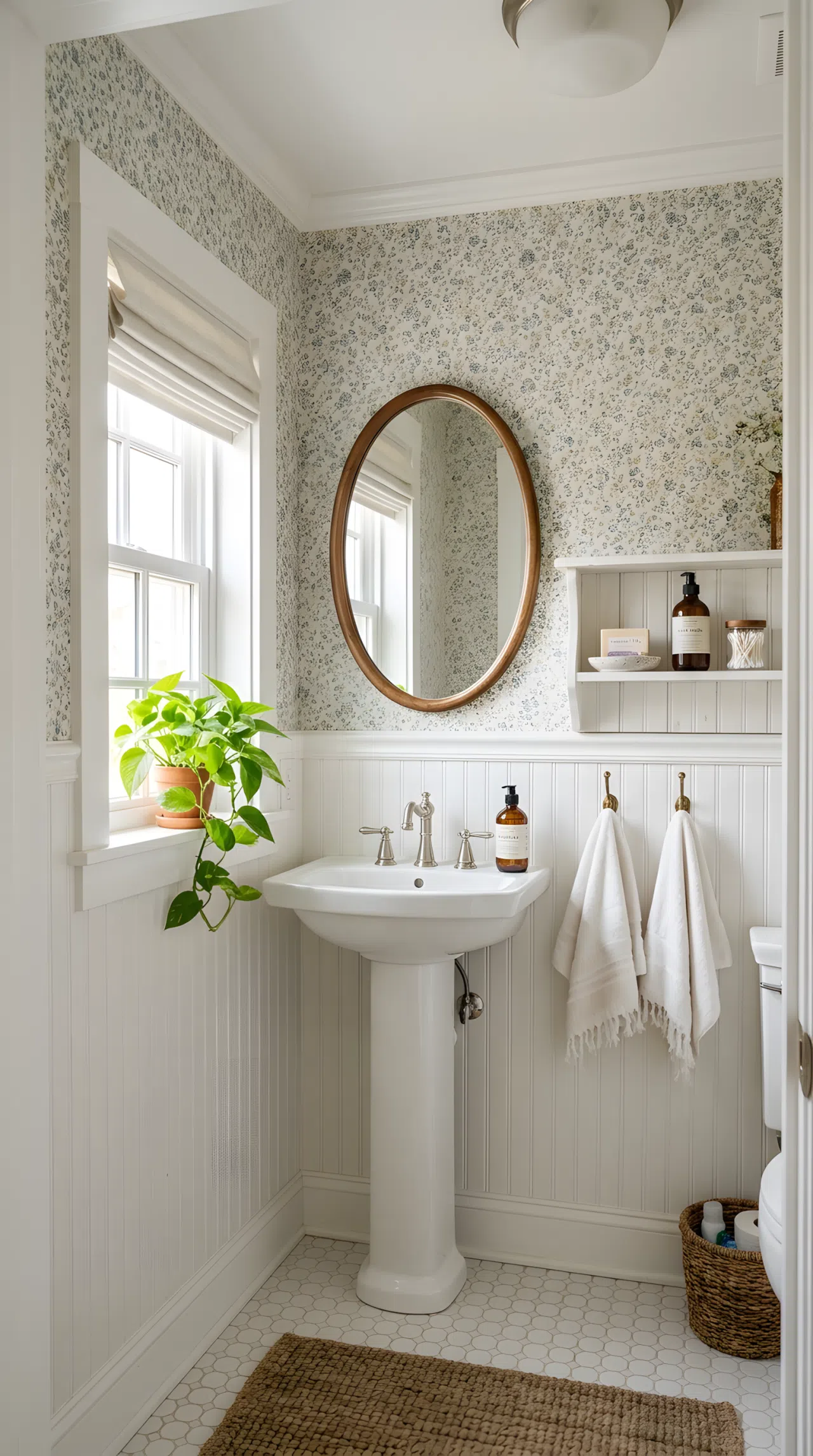 Real-life stock photo of a small guest bathroom with floral wallpaper on the upper half and white beadboard paneling on the lower half, clean white trim, neatly folded towels on a hook, organized small shelf with soap, bright natural light, vibrant green plant accent, Pinterest-ready cottage styling, photographed like a home magazine, no illustration, no 3D render.