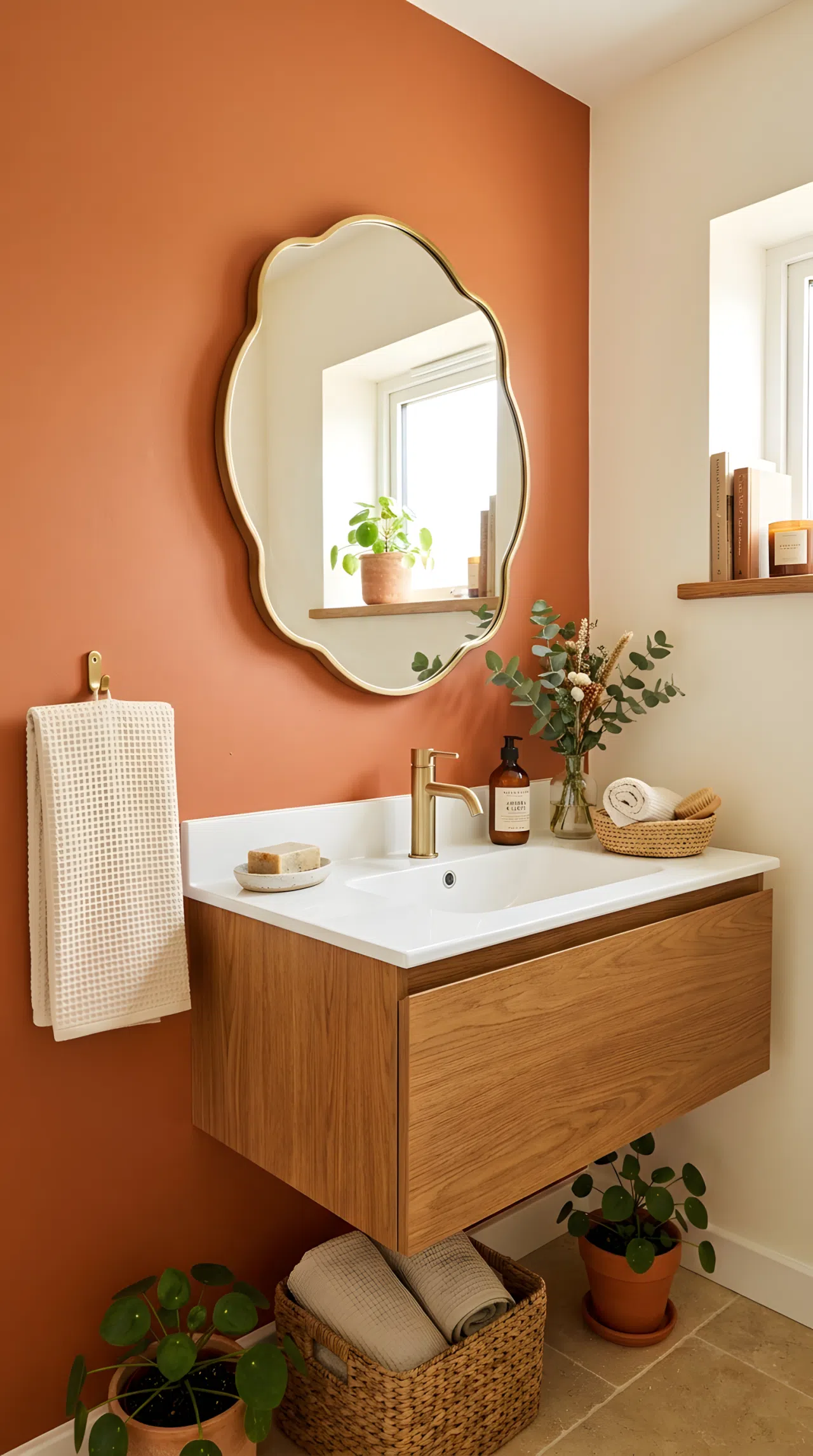 Real-life stock photo of a small guest bathroom with a scalloped-edge mirror above a white sink, warm terracotta accent wall (RGB 196,113,74), neatly made cream hand towel folded on a hook, organized clean countertop, bright natural light, vibrant warm tones throughout, Pinterest-ready styling, photographed like an interior design magazine, no illustration, no 3D render.