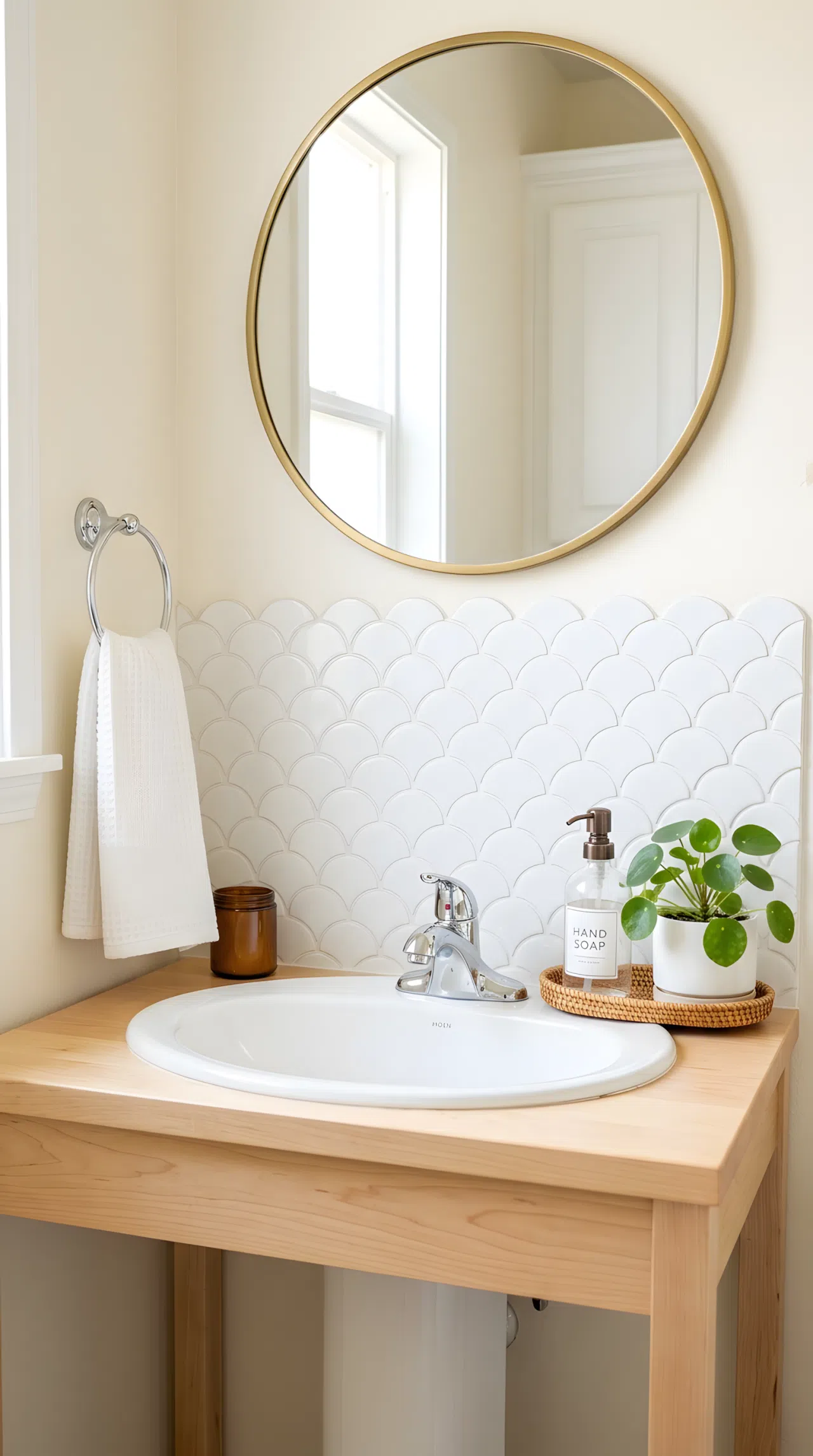Real-life stock photo of a small guest bathroom sink with a white scalloped peel-and-stick tile backsplash, clean grout lines, neatly arranged soap dispenser and small plant on the counter, organized and clutter-free, bright natural light, vibrant white and cream tones, Pinterest-ready aesthetic, photographed like a home renovation magazine, no illustration, no 3D render.