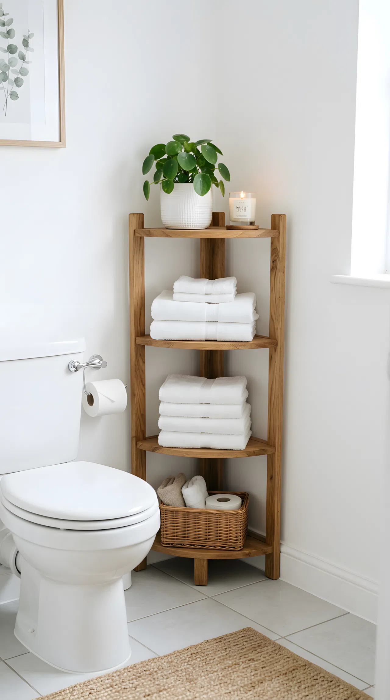 Real-life stock photo of a slim wooden corner shelf unit beside a toilet in a small guest bathroom, neatly folded white towels stacked on each shelf, a small candle and plant on top, organized and beautifully arranged, clean white walls, bright natural light, vibrant green plant accent, Pinterest-ready styling, photographed like a home magazine, no illustration, no 3D render.