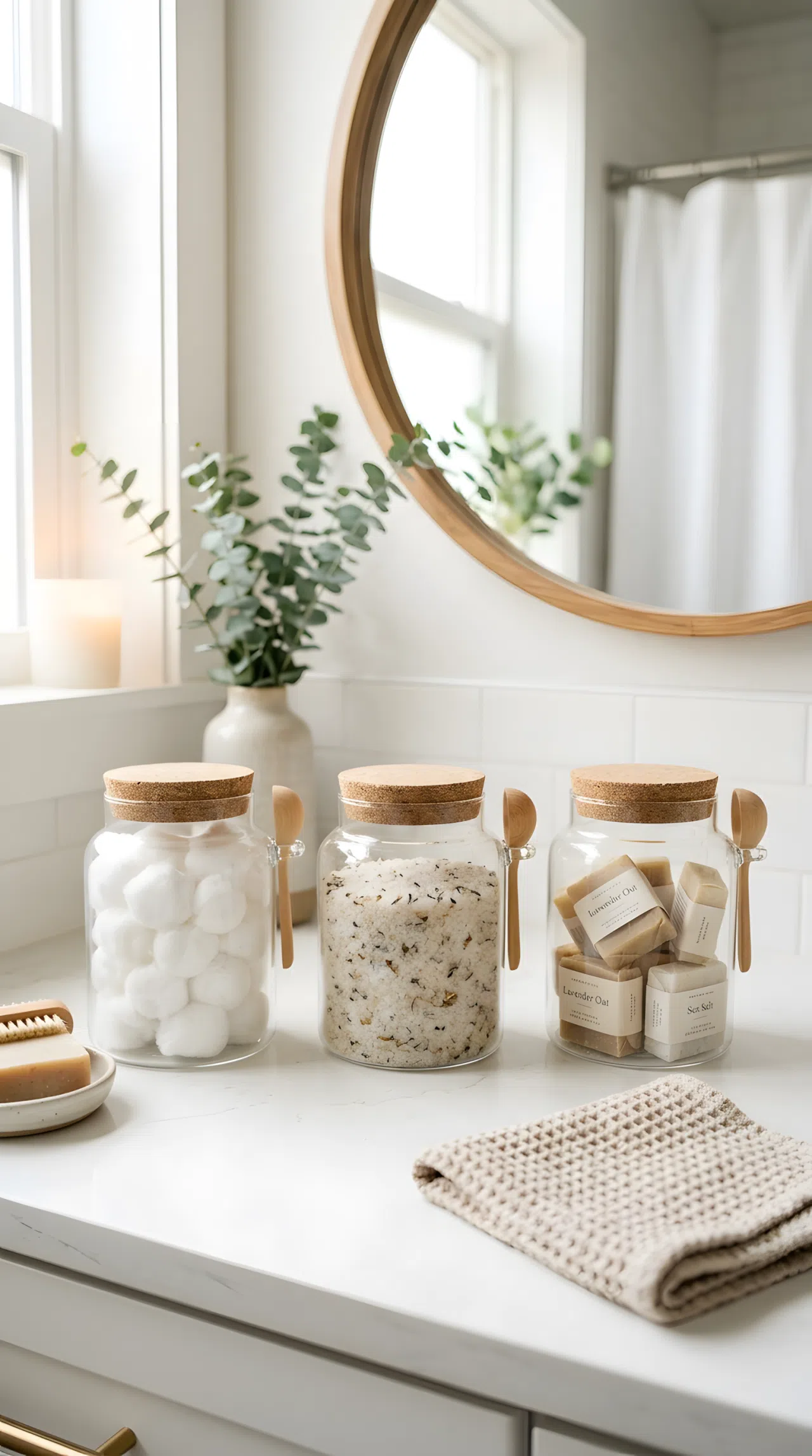 Real-life stock photo of matching glass apothecary jars filled with cotton balls, bath salts, and soap bars on a bathroom countertop, neatly arranged in a row, organized and clean, bright natural light, vibrant white and beige tones, Pinterest-ready styling, photographed like a lifestyle magazine, no illustration, no 3D render.