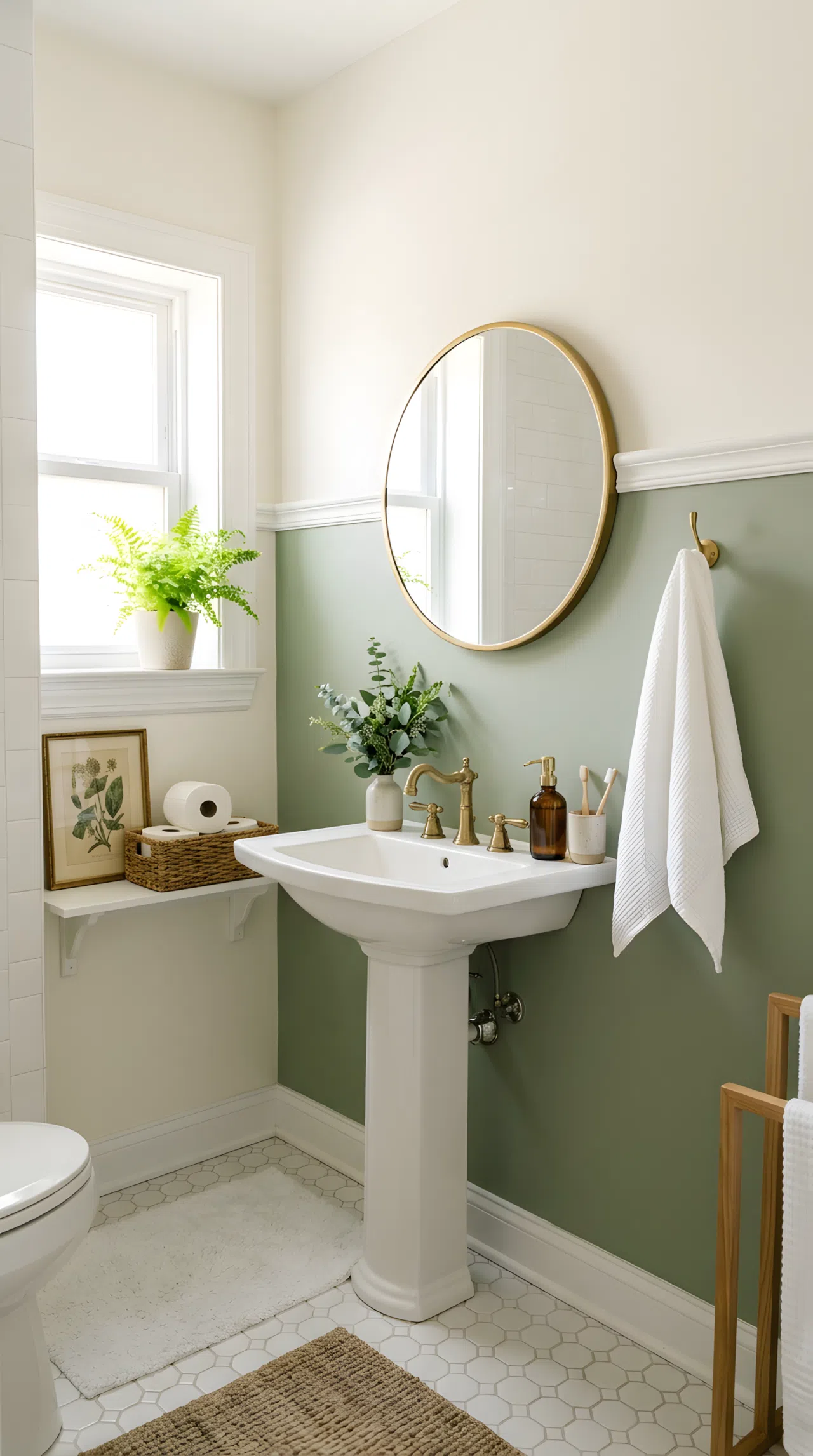 Real-life stock photo of a small guest bathroom with a sage green painted lower half wall (RGB 156,175,136) and white picture rail molding, cream upper wall, neatly made white towel on a hook, organized clean countertop, bright natural light, vibrant green tones, Pinterest-ready styling, photographed like an interior design magazine, no illustration, no 3D render.