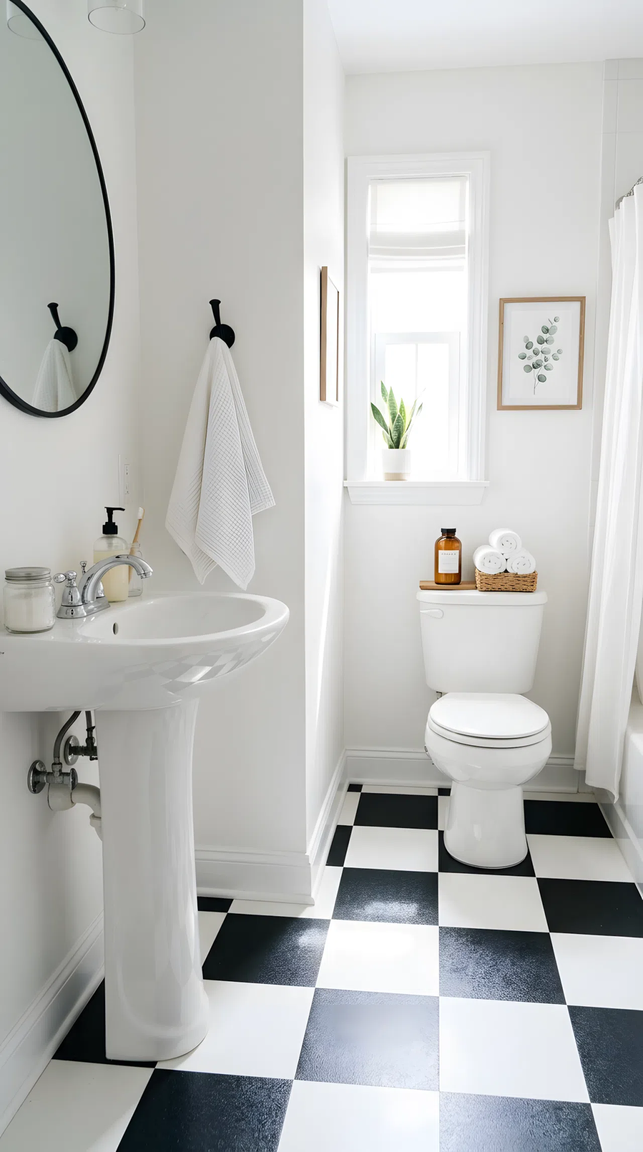 Real-life stock photo of a small guest bathroom with a black-and-white checkerboard vinyl floor, white pedestal sink, clean white walls, neatly made towel folded on a hook, organized and clutter-free, bright natural light streaming across the floor pattern, vibrant contrast, Pinterest-ready styling, photographed like a home renovation magazine, no illustration, no 3D render.