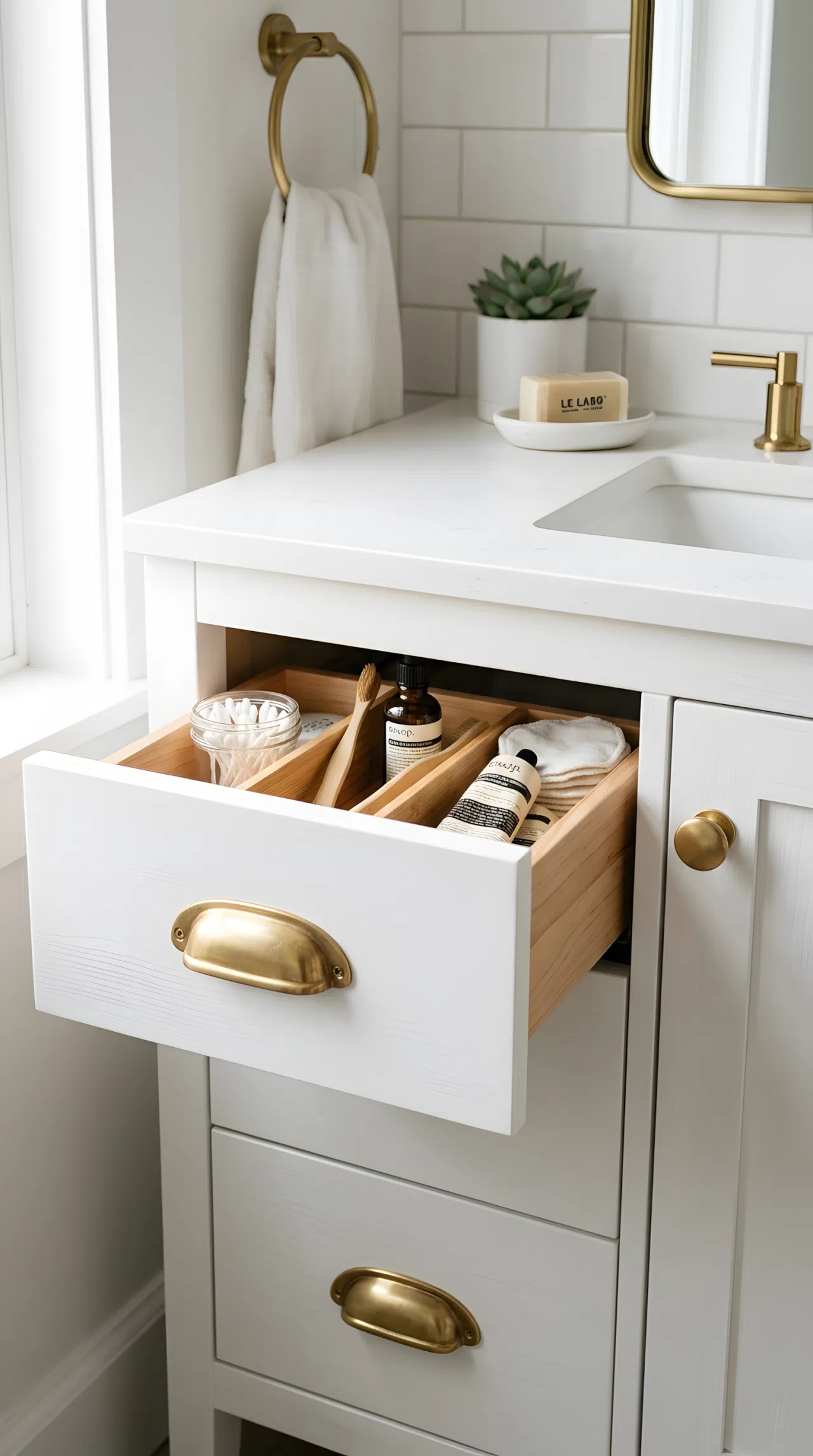 Real-life stock photo of a white bathroom vanity cabinet with new unlacquered brass pulls and knobs, close-up detail shot, neatly organized drawers, clean cabinet surface, bright natural light highlighting the warm brass tone, vibrant golden accents, Pinterest-ready styling, photographed like a home improvement magazine, no illustration, no 3D render.