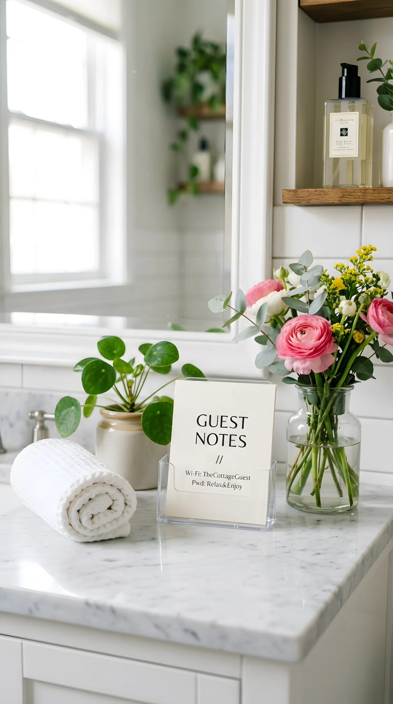 Real-life stock photo of a small printed card in a clear acrylic holder propped on a bathroom countertop, neatly arranged beside a folded towel and small plant, clean and organized, bright natural light, vibrant fresh flower accent nearby, Pinterest-ready styling, photographed like a lifestyle magazine, no illustration, no 3D render.